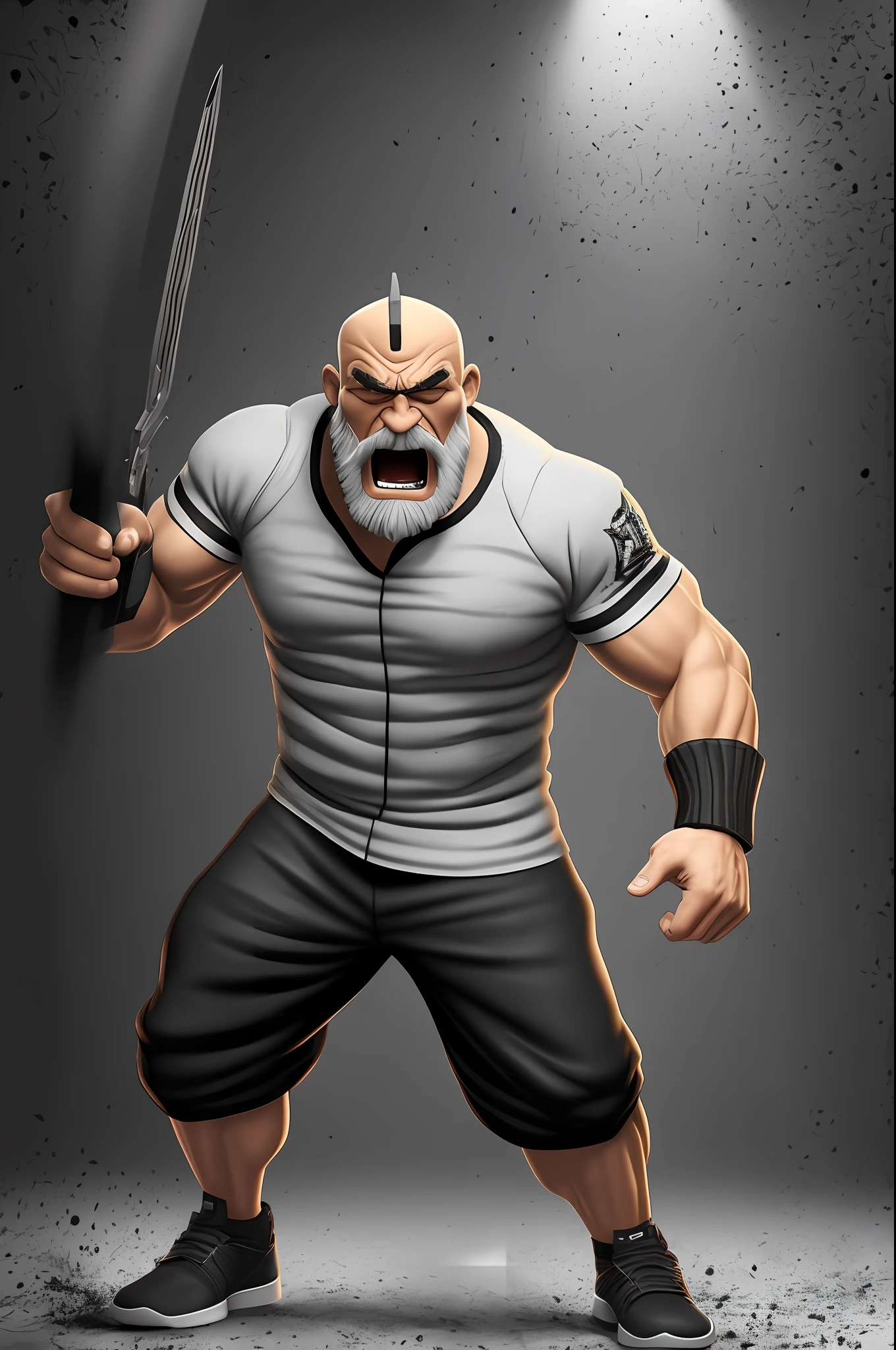 Create a 3D 8K cartoon of an angry, full body, well muscled old man with crusador arms and a black fan jacket. Make sure the resulting image has a cartoonish look, with vibrant colors and soft edges. Add details to give the old man an angry look, like furrowed brows and a tight mouth. Make sure that the black shirt striped with white is an important element of the image, and add details to make it attractive and interesting. Add textures and details to make the image more realistic, such as the appearance of the shirt's texture and the appearance of the skin. Make sure the resulting image is high resolution, 3D and 8K quality." --auto --s2