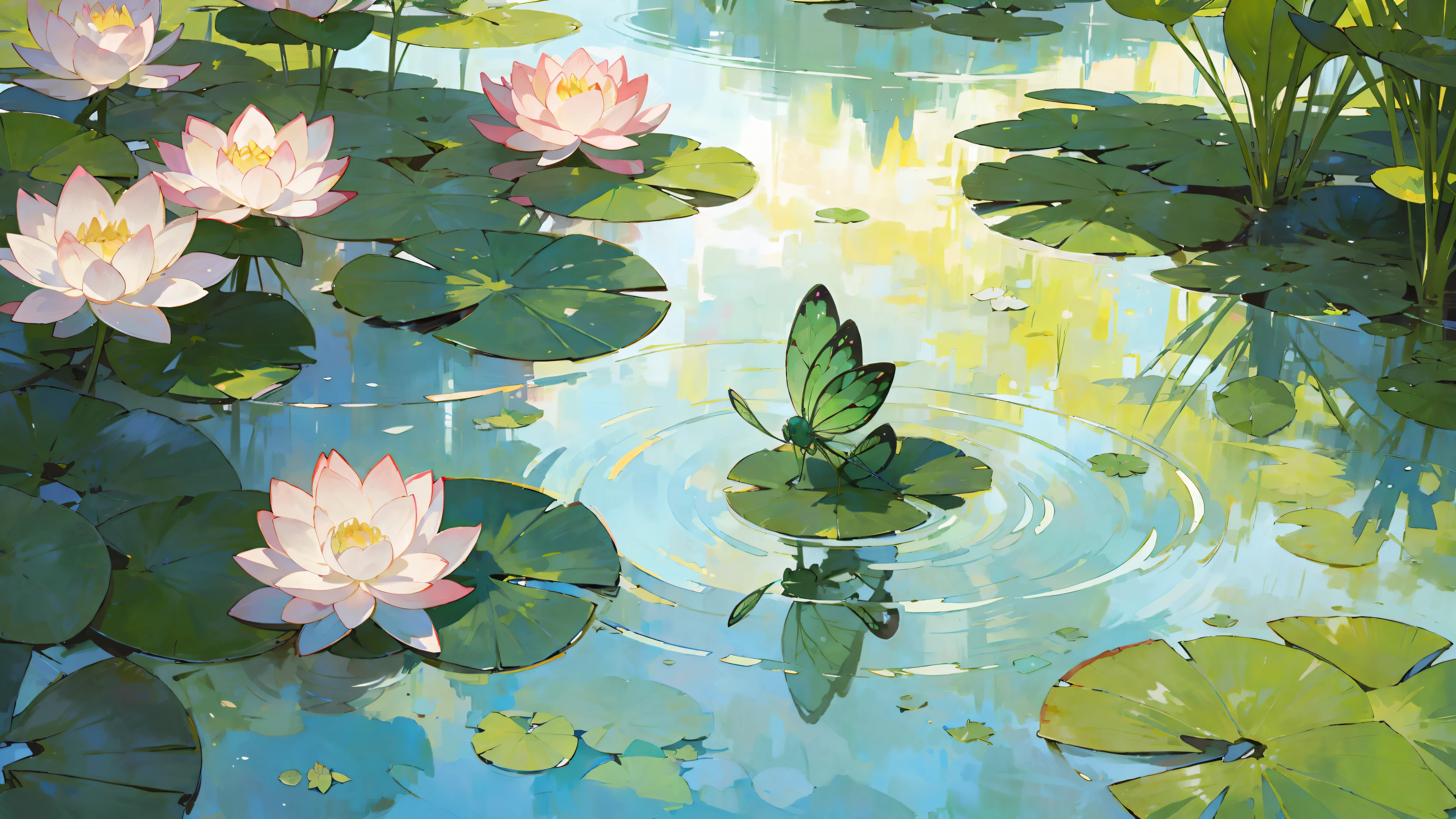 In early spring, the lotus reveals its tender sharp horns. Suddenly, a dragonfly landed on it, reflecting a clear reflection. At this time, the sky is warm, the grass is bright green, the light and shadow are intertwined, and the scene is beautiful. Create a bright, colorful illustration of the beautiful encounter between lotus and dragonflies in spring. (Painting style: watercolor gradient/dreamy style, subject: small lotus and dragonfly, scene details: sky, clear water, verdant reflection, warm and natural light and shadow, emotions: bright, light, aesthetic) --auto --s2