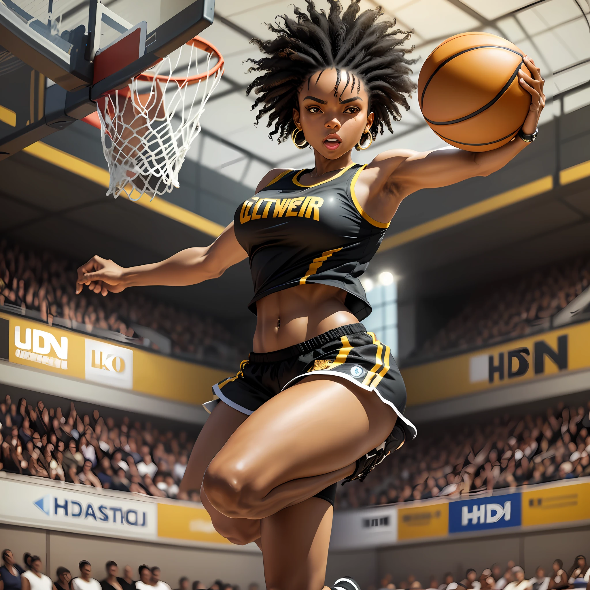 Black woman, black power hair, (full of details) jumping towards camera, dunk, (seen from the front), black and gold tank top, (1solo), basketball regatta, holding a black basketball, real background, basketball, player, (((masterpiece))), (((Ultra HD)))