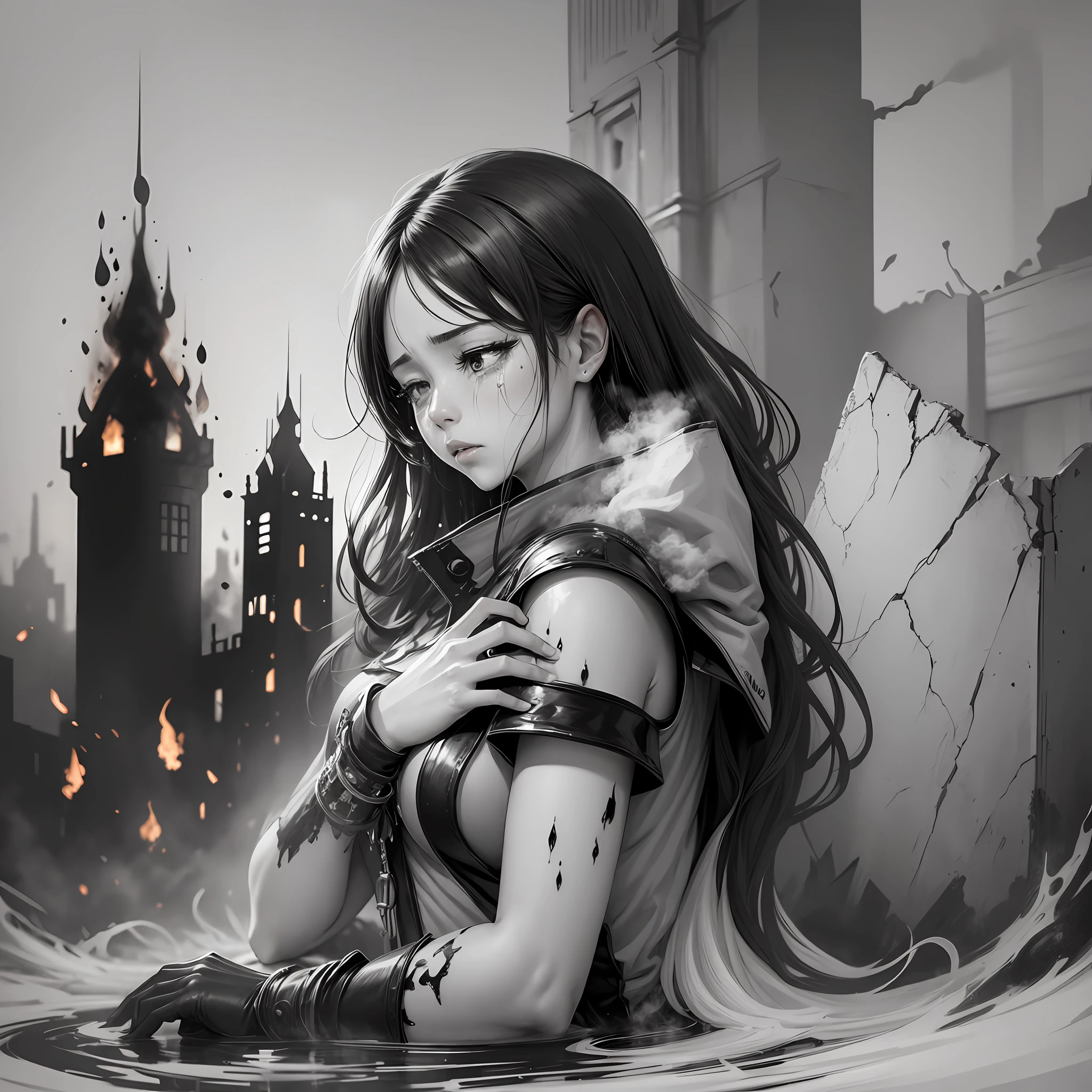 (high quality), (Black and white), (anime) Woman crying in a burning castle