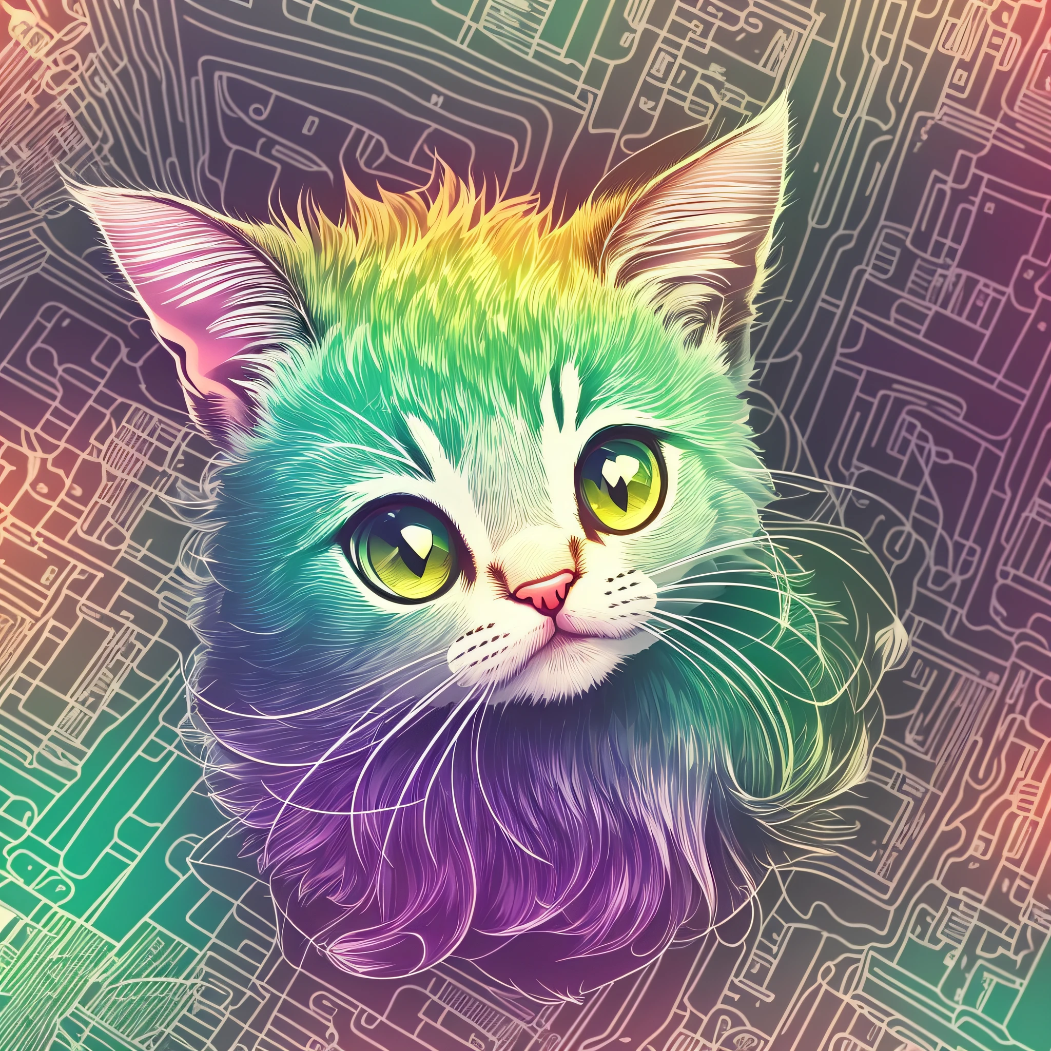 STICKER, A detailed illustration a print of vivid cute kitten head, fantasy flowers splash, vintage t-shirt design, in the style of Studio Ghibli, dynamic flora pastel tetradic colors, 3D vector art, cute and quirky, fantasy art, watercolor effect, bokeh, Adobe Illustrator, hand-drawn, digital painting, low-poly, soft lighting, bird's-eye view, isometric style, retro aesthetic, focused on the character, 4K resolution, photorealistic rendering, using Cinema 4D, --auto --s2