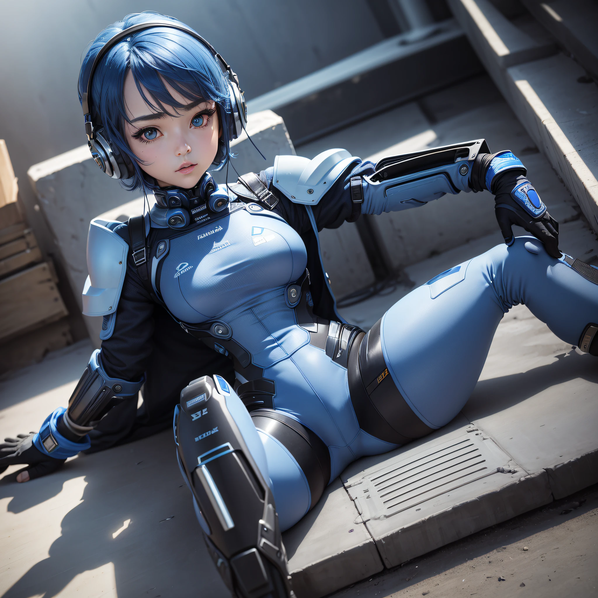 (masterpiece, highest quality, highest resolution, distinct_image, detailed details): (Solo, lone girl, face is Japan, blue-haired girl, short hair, full body figure, sideways, small size breasts, sparkling blue colored eyes, pilot suit of metallic tone white and blue, black color, tight fit clothes, clothes that cover the whole body, beauty, slim body, exoskeleton, knee boots, heroine, Lying on your back, legs open with thighs left and right, arm-length gloves, headset)