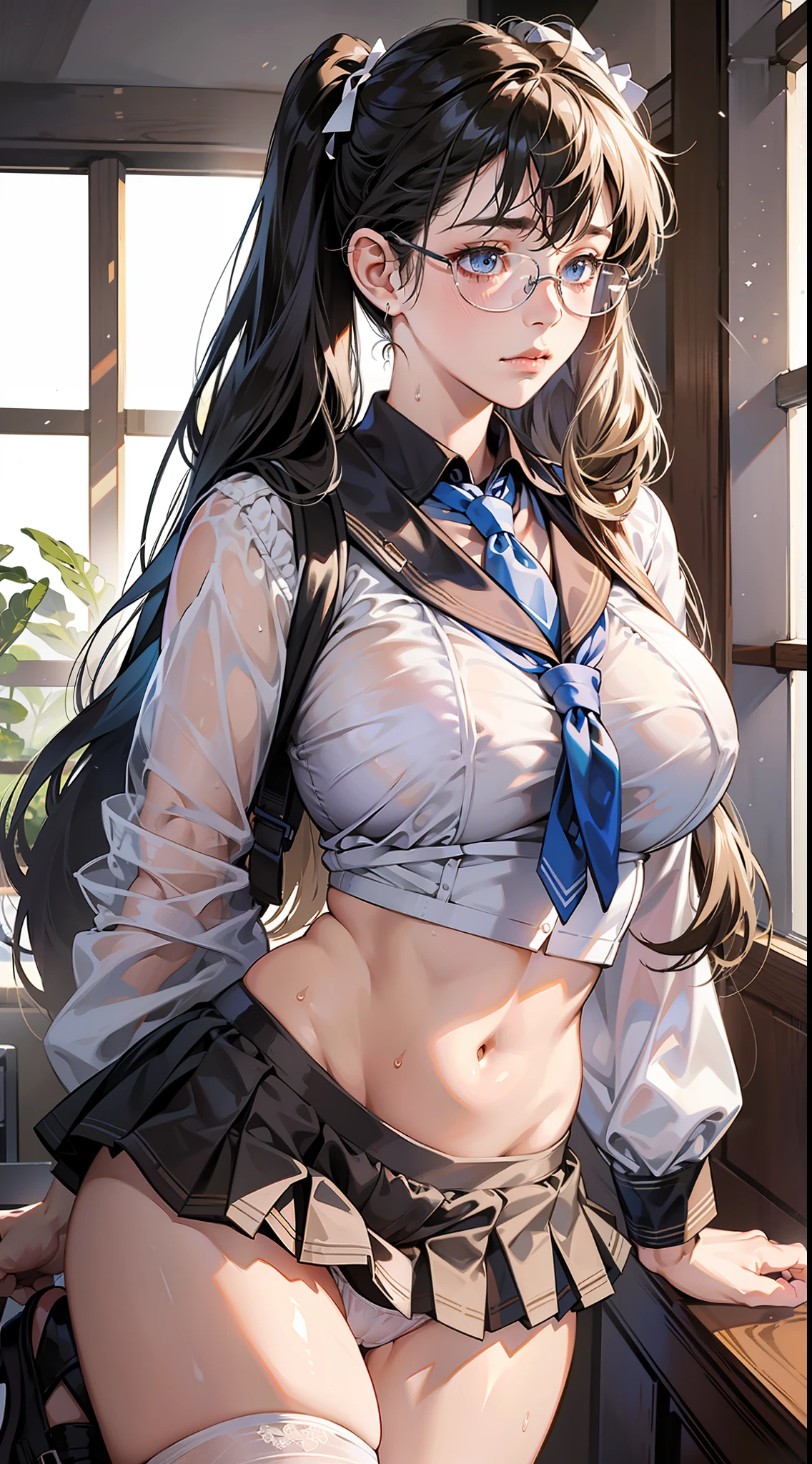 masterpiece, best quality, realistic, photorealistic, great lighting, ultra-detailed, dynamic angle, perfect face, (bright lighting:1.2),beautiful detailed eyes, extremely detailed face, perfect lighting,
1girl, black twintail hair, glasses, clothes about to come off,
high school uniform, pleated skirt, stockings, pumps shoes,
M leg, lift up one's skirt, classroom,
sweaty, wet body, navel out, thighs out, buttocks, large breast, slim, slender, translucent body, Transparent, Embarrassed expression, blush, ((White panties, cameltoe)),