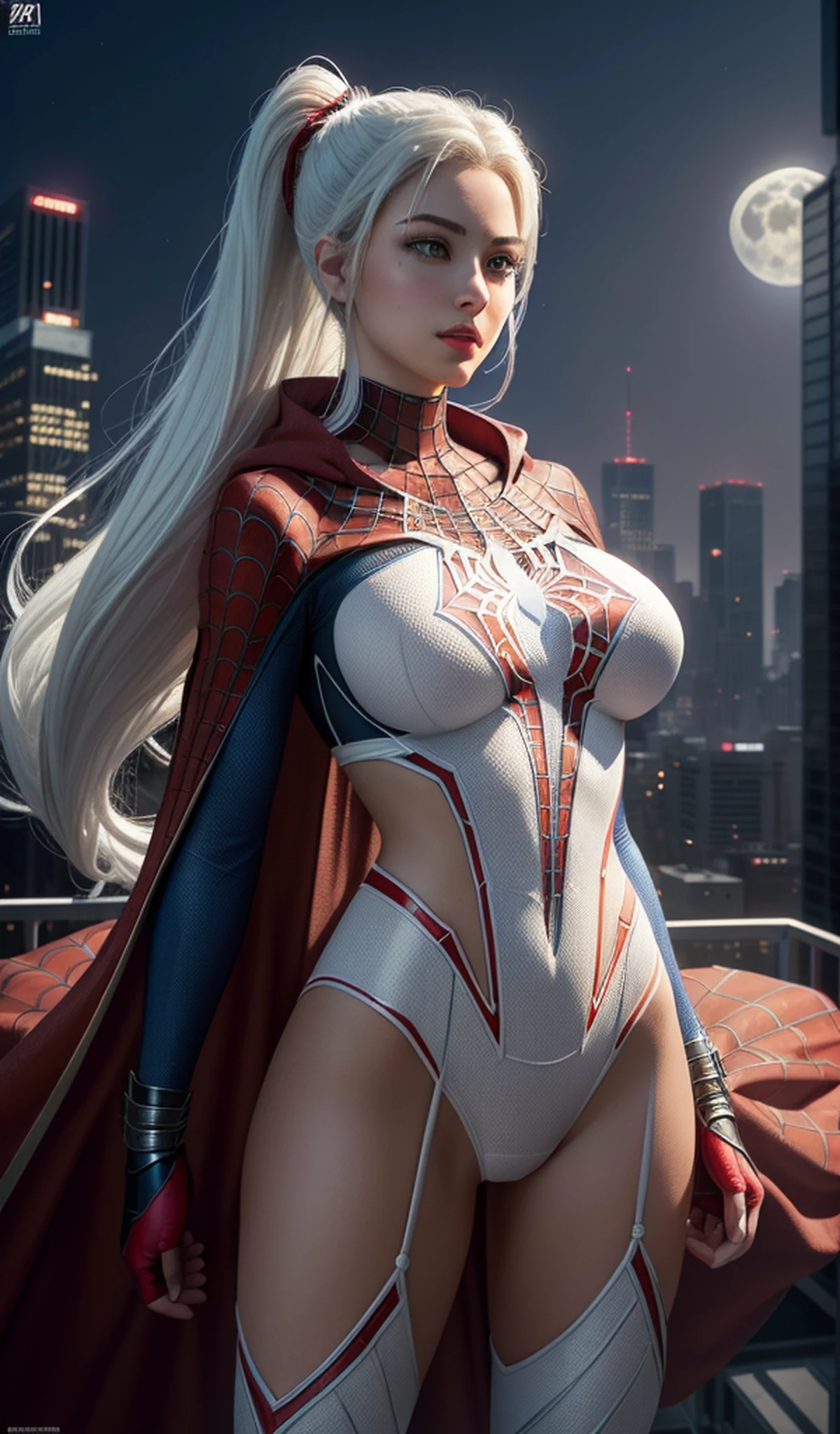 (masterpiece:1.4), (8k, photorealistic, RAW photo, best quality: 1.4), japanese, (1girl), beautiful face, (realistic face:1.4), (white hair, ponytailed long hair:1.3), beautiful hairstyle, beautiful detailed eyes, (best ratio eyes:1.5), attractive, ultra high res, ultra realistic, highly detailed, best ratio, (detailed face:1.4), looking at viewer, red lipsticks, (best ratio fingers:1.5), (White superhero theme, charismatic, there's a girl on top of town, wearing transparent lingerie Spider-Man costume, she's a superhero), [ ((25 years), full body, (realistic blue eyes:1.2), ((Spider-Man pose), show of strength, jumping from one building to another), ((sandy urban environment):0.8)| (cityscape, at night, dynamic lights), (full moon))] # Explanation: The Prompt mainly describes a 4K painting of ultra-high definition, very realistic, very detailed. It shows a superheroine at the top of the city, wearing a Spider-Man costume. The theme in the painting is a white superhero theme, the female protagonist has long white hair, is 25 years old and her entire body is shown in the painting. In terms of portraying the actions of superheroines, spiders are employed, (spider-web bra:1.4), perky_nipples, ((exposed_nipples, exposed breasts, high proportional realistic breasts, realistic big breasts):1.4), (closed mouth:1.4), (camel_toe_pussy:1.4), innie_pussy, spider-web cloak,