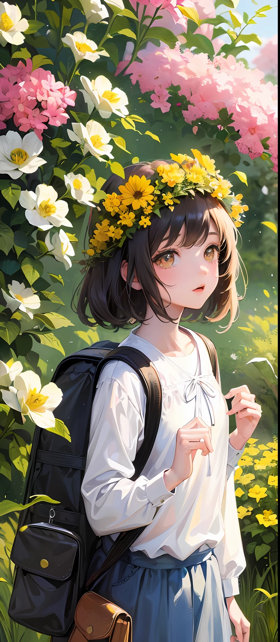 Tip: A very charming little girl with a backpack and her cute puppy enjoying a lovely spring outing surrounded by beautiful yellow flowers and nature. The illustration is a high-definition illustration in 4k resolution, featuring highly detailed facial features and cartoon-style visuals. --auto --s2
