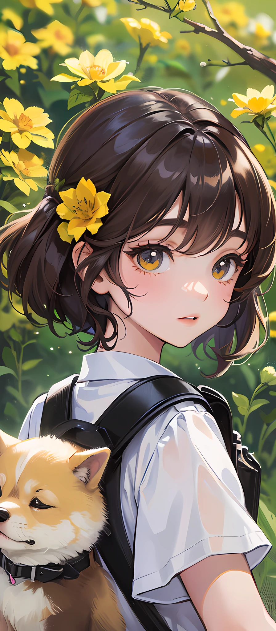 Tip: A very charming girl with a backpack and her cute puppy enjoying a lovely spring outing surrounded by beautiful yellow flowers and nature. The illustration is a high-definition illustration in 4k resolution, featuring highly detailed facial features and cartoon-style visuals. --auto --s2