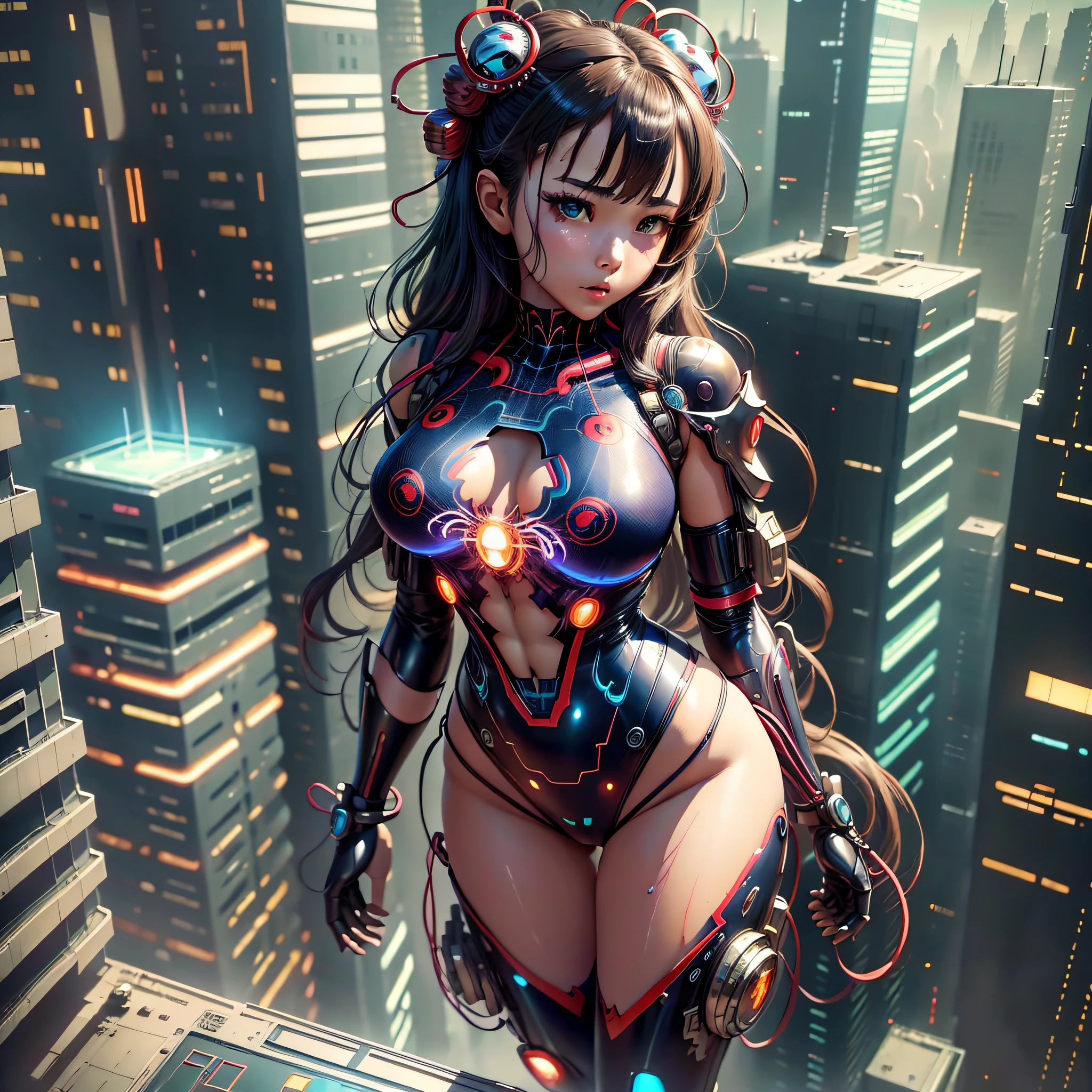 Japanese female body, Spiderman costume dress, cute 25 years old,big.masterpiece, best quality, (highly detailed CG unit 8k wallpaper) (best quality), (best illustration), anime, urban, cyberpunk city, neon blue sky, --auto --v6 --s2