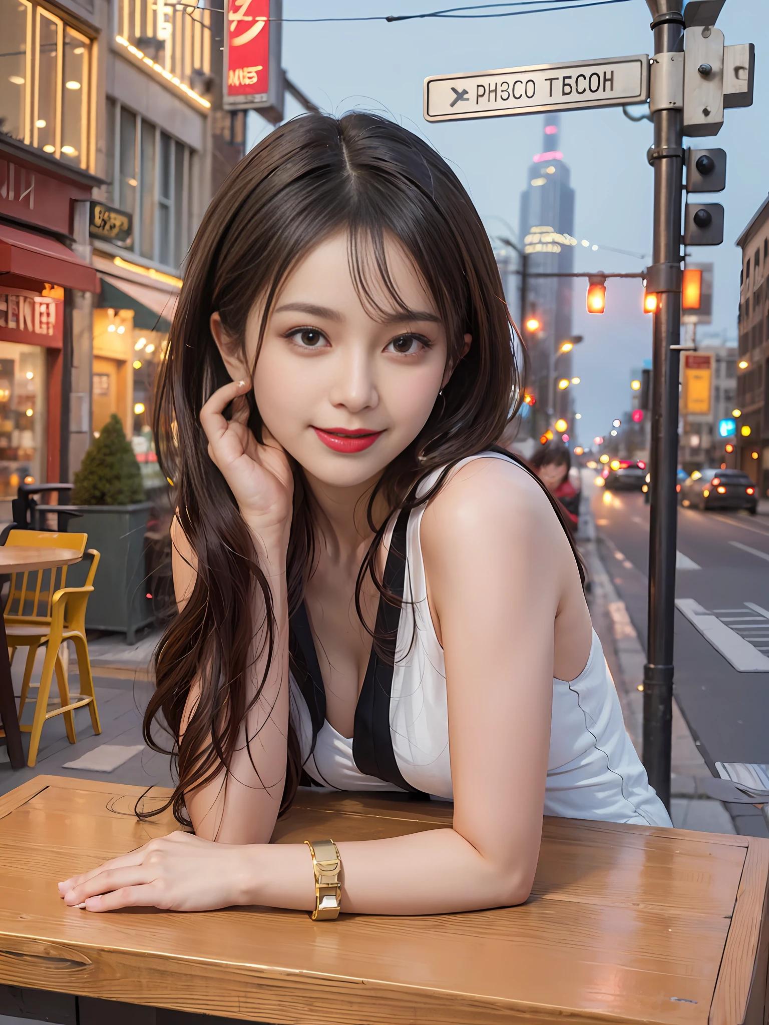 1girl, street, night, cityscape, city lights, upper body, closeup, 8k, raw photo, best quality, masterpiece, realism, realism, lipstick, smile,