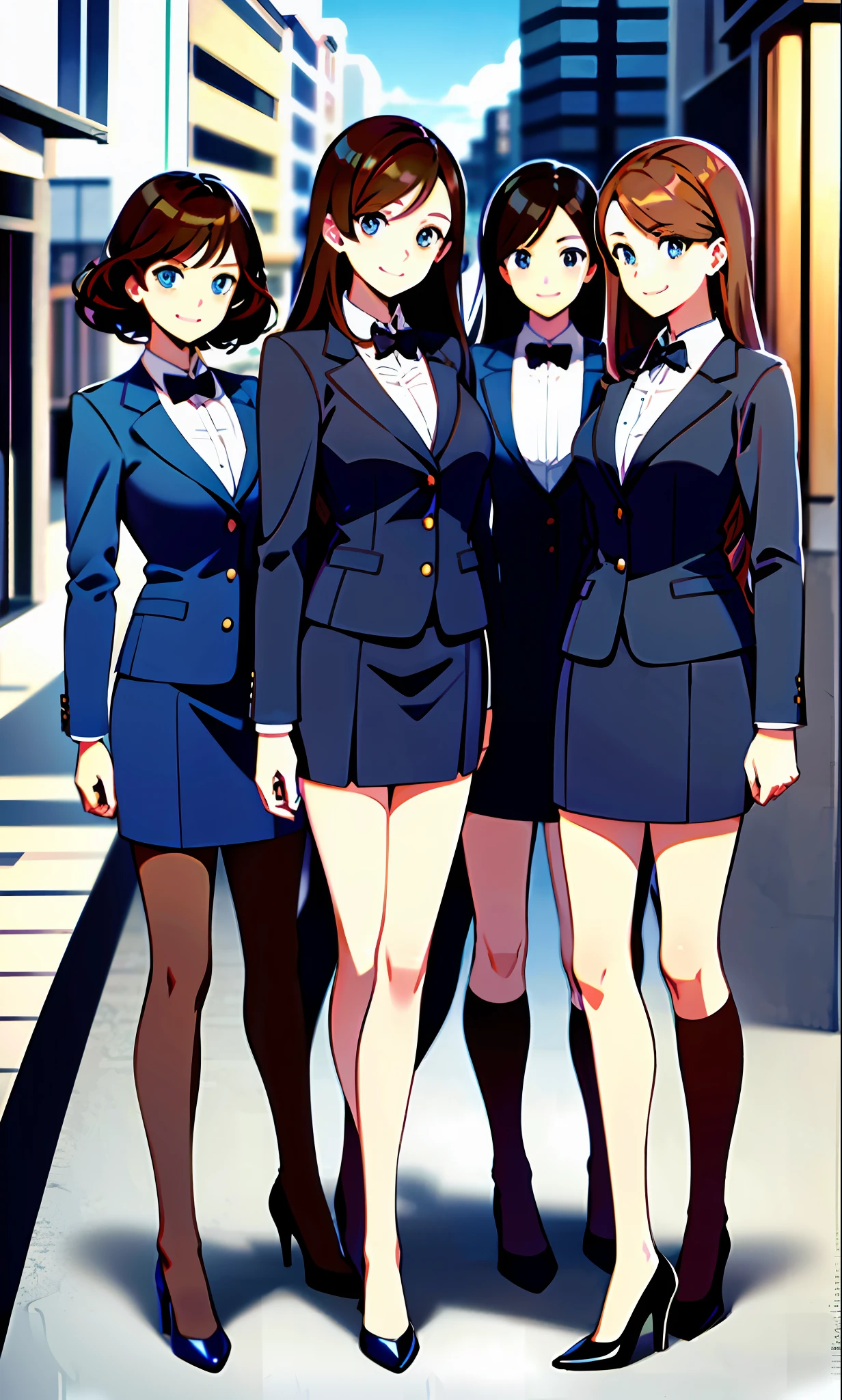 perfect anime illustration, brown hair, wavy hair, hazel eyes, smiling, blue skirt suit, black high heels, businesswoman, highres, full body, 3girls, identical sisters, matching outfits, matching hairstyles, matching faces, group photo