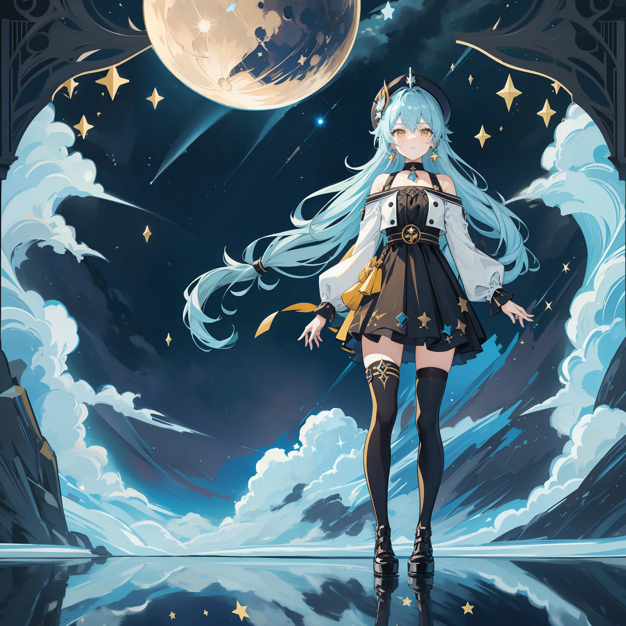 1girl, Lilah \(Genshin Impact\), choker, hair between eyes, star \(symbol\), hat, long hair, curly hair, skirt, light blue hair, looking at the viewer, yellow eyes, shining eyes, earrings, jewelry, black dress, black shirt, black skirt, black stockings, bangs, black shoes, landscape, night sky, star \(sky\), moon, starry sky, night, outdoor, clouds, reflection, water, magic, tarot