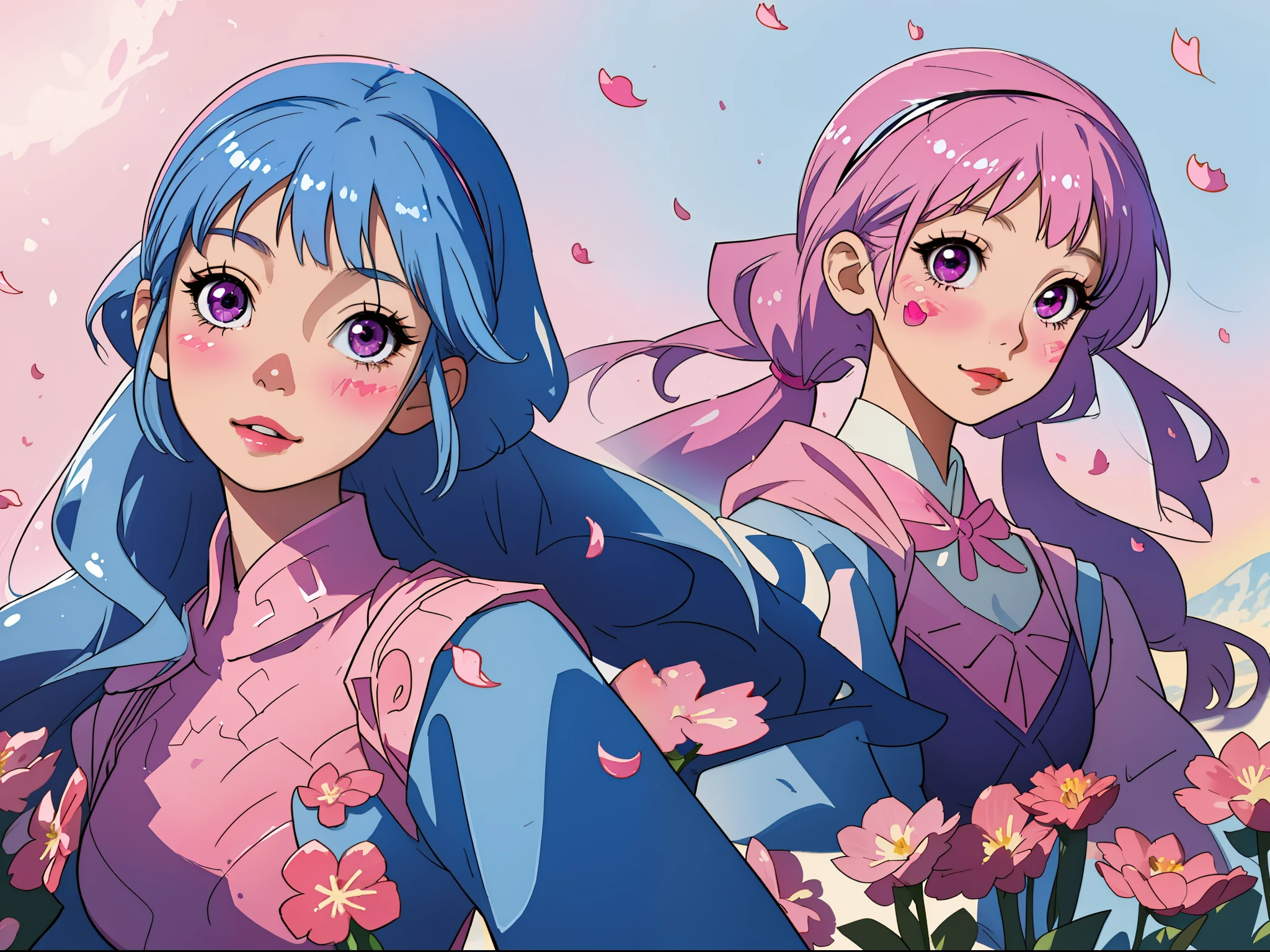 masterpiece, best quality, ultra-detailed, absurdres, colorful, 1girl, solo, (pink eyes:1.0), (blue hair, gradient hair, blunt bangs, twintails:1.0), detailed eyes, wide-eyed, eyelashes, hairband, (smile:0.8), medium breast, particles, (side view:0.5), upper body, outdoors, horizon, pink theme, blue hoodie, short skirt, rainbow, long sleeves, pastel, kawaii, heart, (gradient background:0.8), sun, blush stickers, head tilt, petals