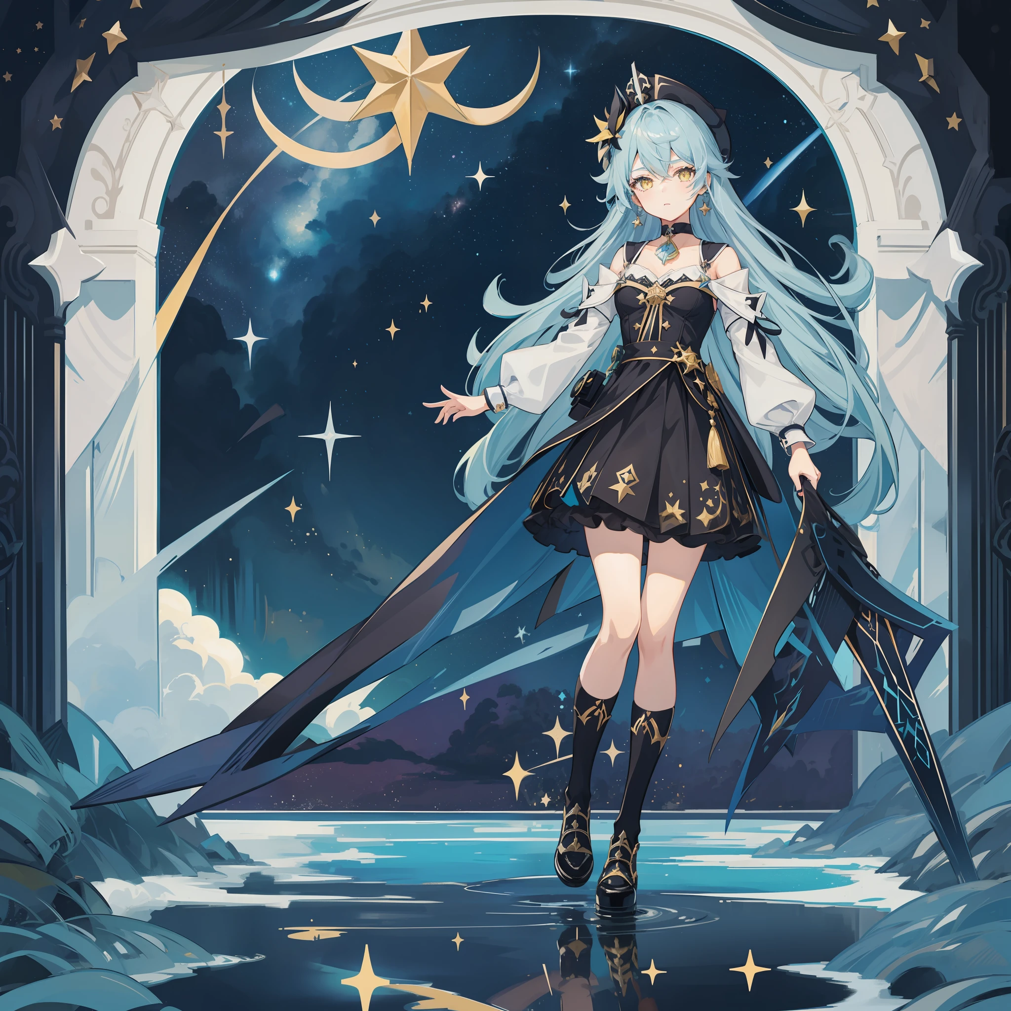 1girl, Lilah \(Genshin Impact\), choker, hair between eyes, star \(symbol\), hat, long hair, curly hair, skirt, light blue hair, looking at the viewer, yellow eyes, shining eyes, earrings, jewelry, black dress, black shirt, black skirt, black stockings, bangs, black shoes, landscape, night sky, star \(sky\), moon, starry sky, night, outdoor, clouds, reflection, water, magic, tarot