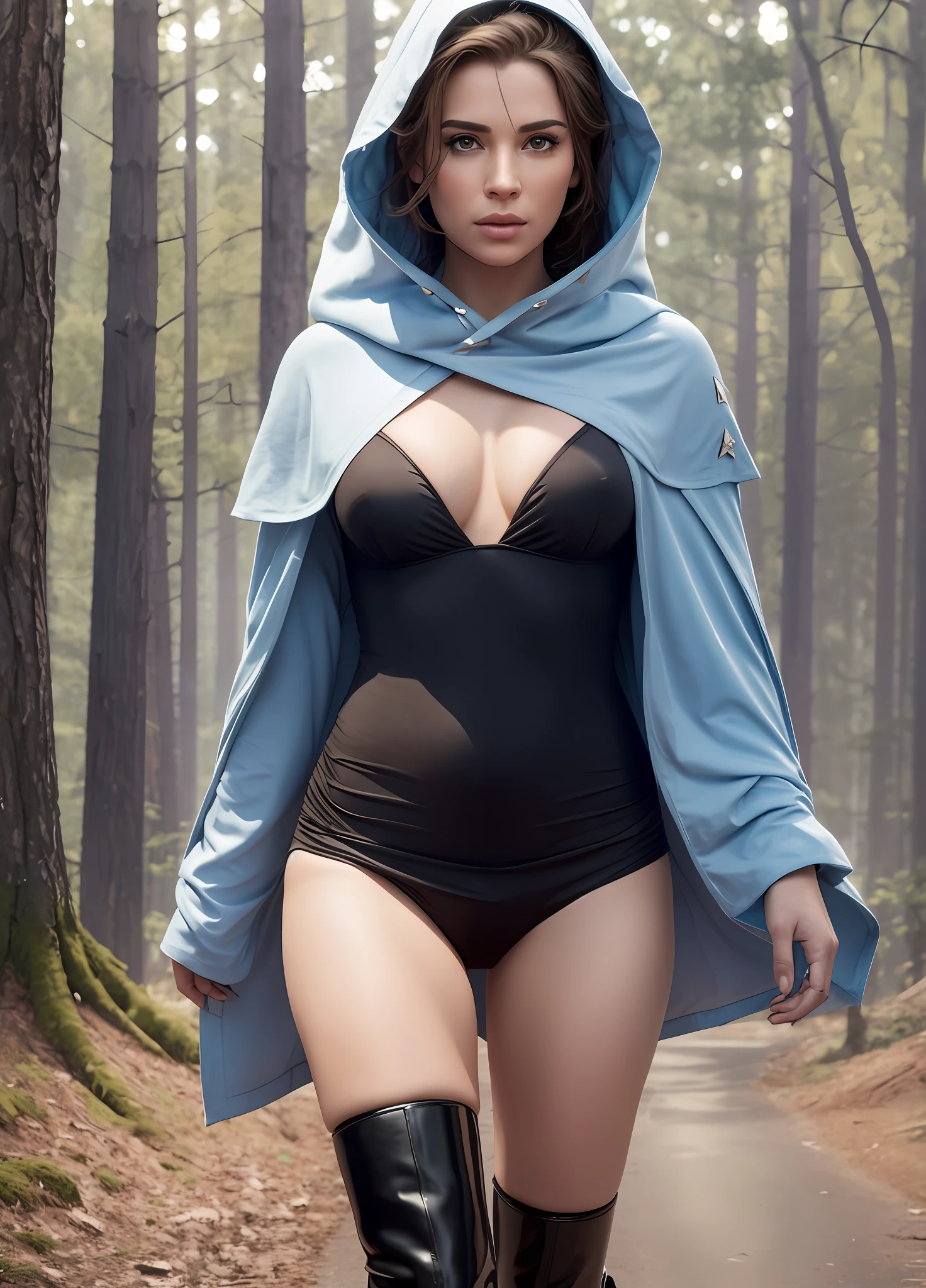 syphabelnades, light blue hood, cover ,, (masterpiece, best quality: 1.4), (modern days), (cowboy shot), 1girl, solo, pov, sfw, stunning girlfriend, (standing: 1.1), dynamic pose, heart-shaped face, elegant face, beautiful face, highly detailed face, highly detailed skin, skin pores, subsuperficial spreading, realistic pupils, medium chest, looking at the viewer, full face blush,  full lips,full body walking in a shadowy forest with many shows in the background, depth of field, atmospheric perspective, volumetric lighting, sharp focus, absurdities, realistic proportions, good anatomy, full body showing, seductive, (realistic, hyperrealistic: 1.4), 16k hdr,