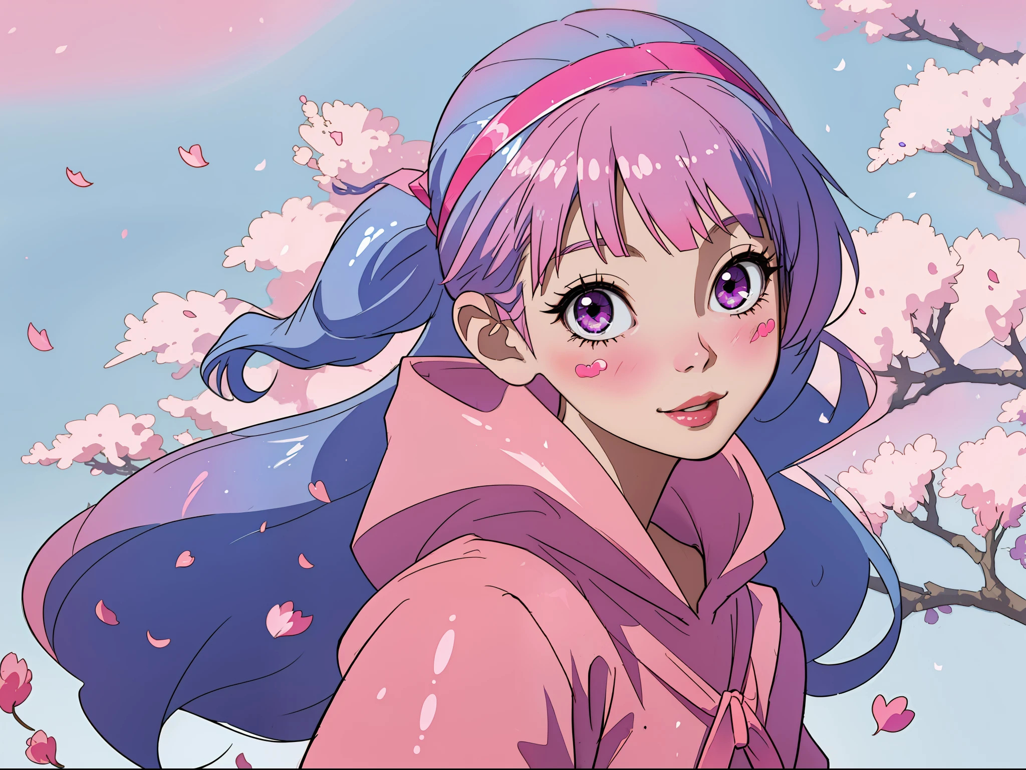 masterpiece, best quality, ultra-detailed, absurdres, colorful, 1girl, solo, (pink eyes:1.0), (blue hair, gradient hair, blunt bangs, twintails:1.0), detailed eyes, wide-eyed, eyelashes, hairband, (smile:0.8), medium breast, particles, (side view:0.5), upper body, outdoors, horizon, pink theme, blue hoodie, short skirt, rainbow, long sleeves, pastel, kawaii, heart, (gradient background:0.8), sun, blush stickers, head tilt, petals