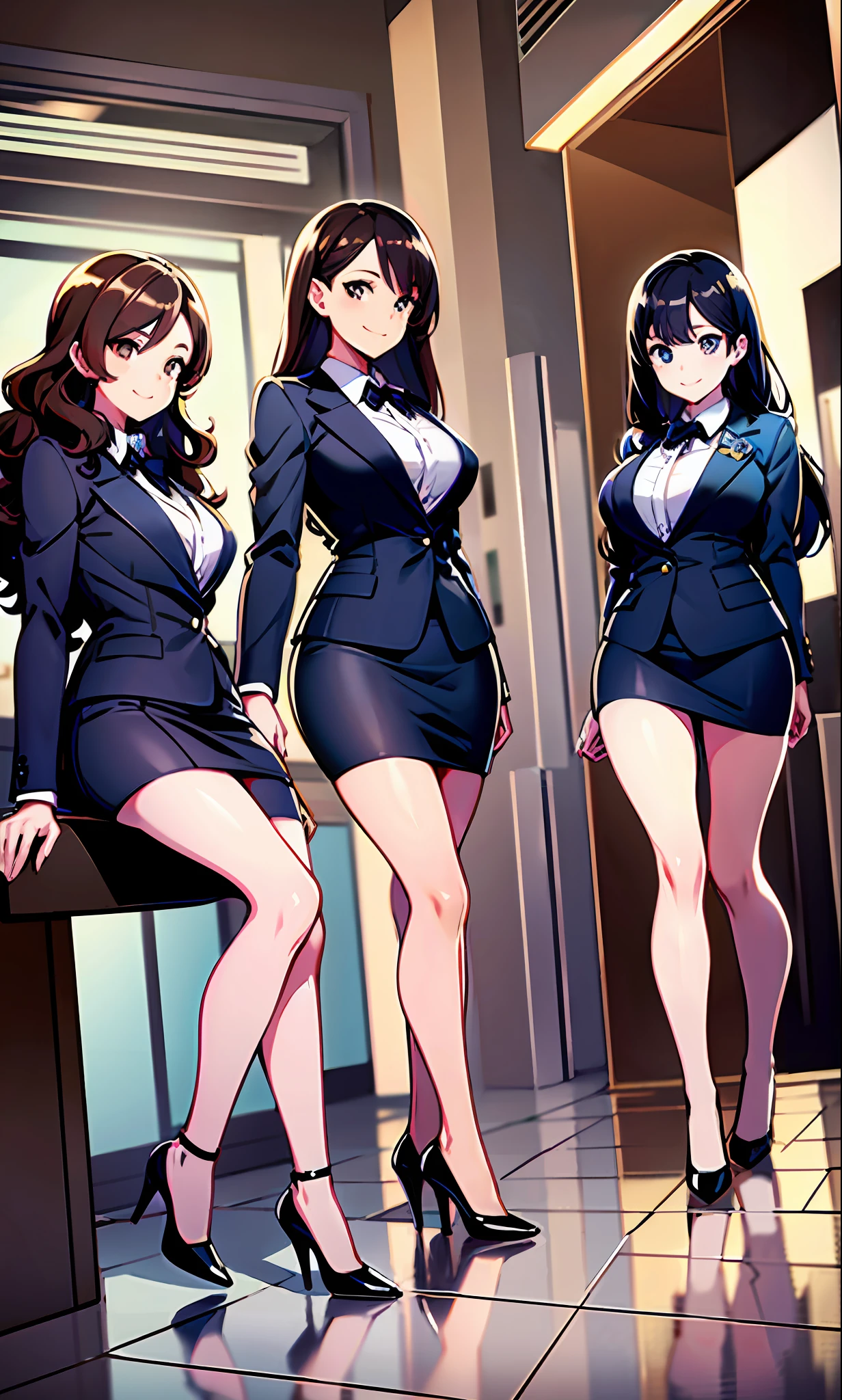 perfect anime illustration, brown hair, wavy hair, hazel eyes, smiling, blue skirt suit, black high heels, businesswoman, highres, full body, 3girls, identical sisters, matching outfits, matching hairstyles, matching faces, group photo