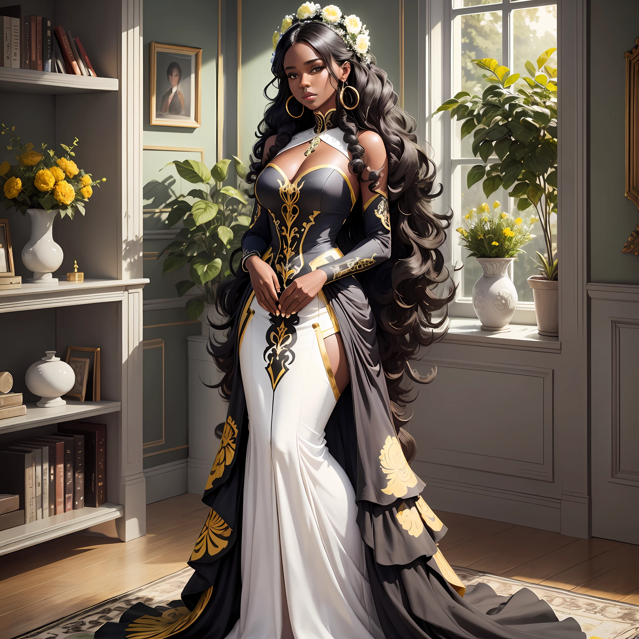 Standing woman, living room, white and black carpet, blue dress, full body, black skin, big hair, realistic hair, ultra HD, masterpiece, neckline, gorgeous dress with details, brown vase with green and yellow plant, white wall background, big brown lampshade, book booth,