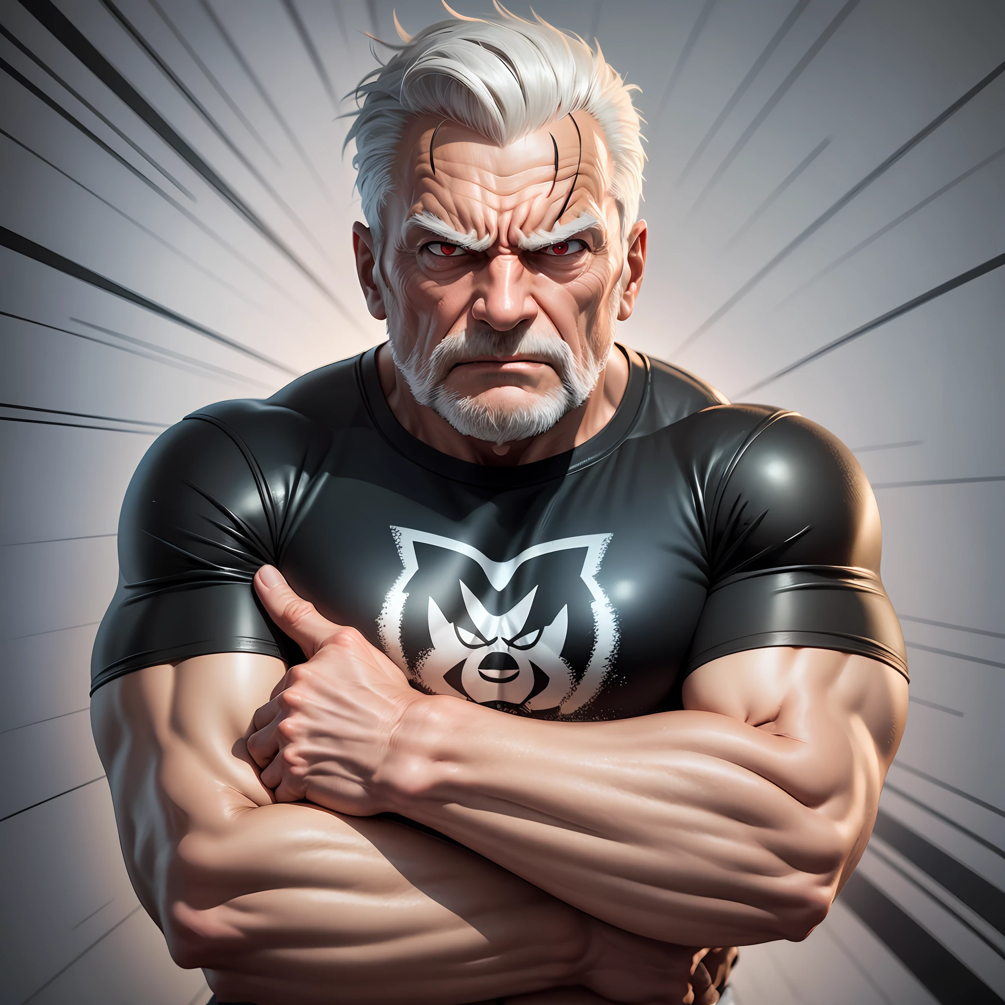 Create a 3d, 8K cartoon of an angry, full-body, well-muscled old man with crudent arms and a black fan jacket. Make sure the resulting image has a cartoonish look, with vibrant colors and smooth edges. Add details to give the old man an angry look, such as furrowed brows and a tight mouth. Make sure that the black shirt striped with white is an important element of the image, and add details to make it attractive and interesting. Add textures and details to make the image more realistic, such as the appearance of the shirt texture and the appearance of the skin. Make sure the resulting image is of high resolution, 3D and 8K quality." --auto --s2