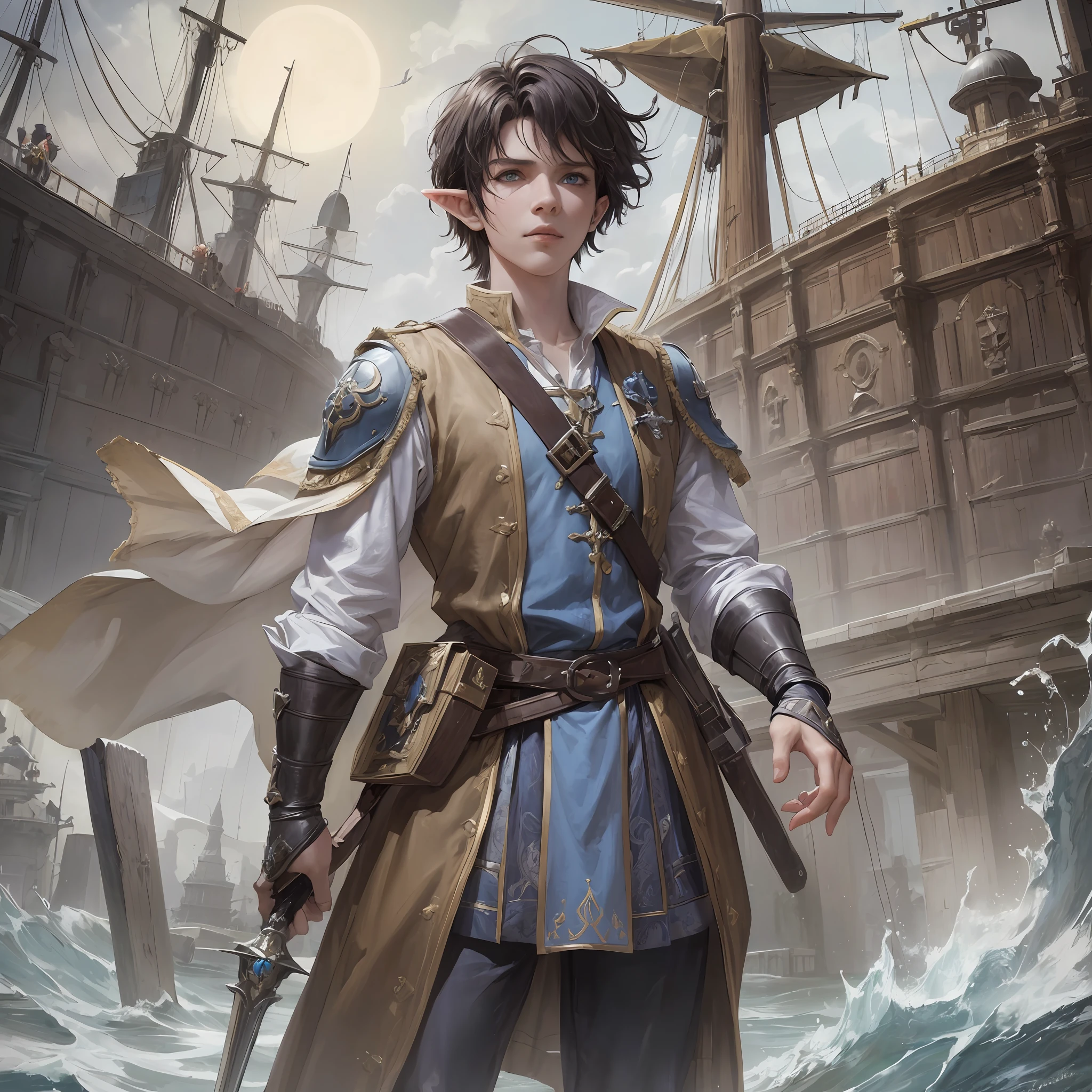 ((masterpiece, best quality, RAW color photo)), (full body: 0.6) 1magician male elf in the center wearing light clothing with a bluish gray pirate uniform short brown hair and blue eyes, looking at the viewer, distant expression, inside a ship, ships in the background, linear background, inspired by Dungeons and Dragons, digital artwork, photography, soft sun lighting, octane, trending on ArtStation, ultra high detail, ultra realistic,  16k, (medieval fantasy theme: 1.1), --auto --s2
