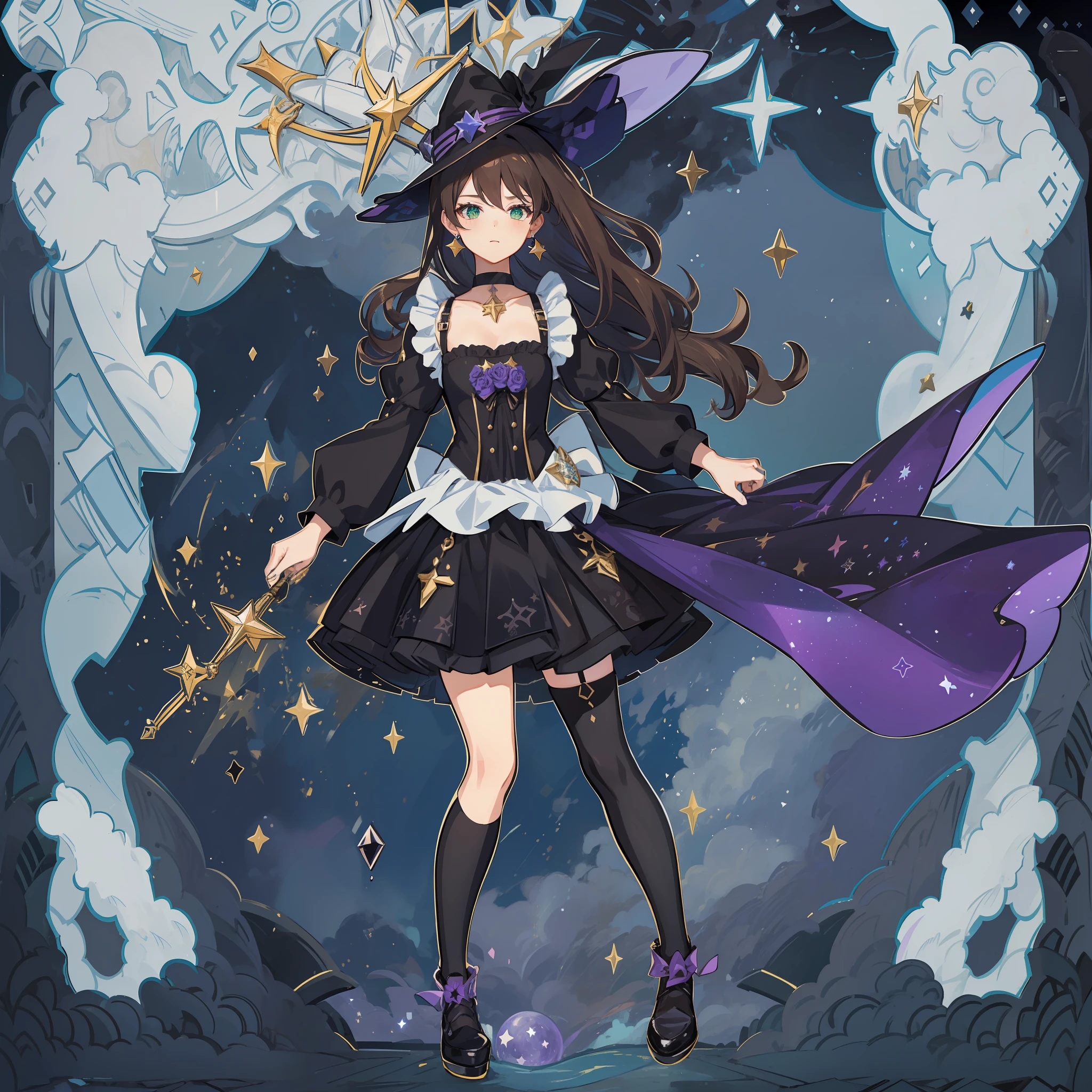 1girl, solo, 1girl, Lisa \(Genshin Impact\), maid, choker, hair between eyes, star \(symbol\), hat, wavy hair, skirt, brown hair, looking at the viewer, green eyes, shining eyes, earrings, jewelry, black and purple dress, black stockings, witch, bangs, black shoes, landscape, night sky, star \(sky\), moon, starry sky, night, outdoor, clouds, reflection, water, magic, tarot