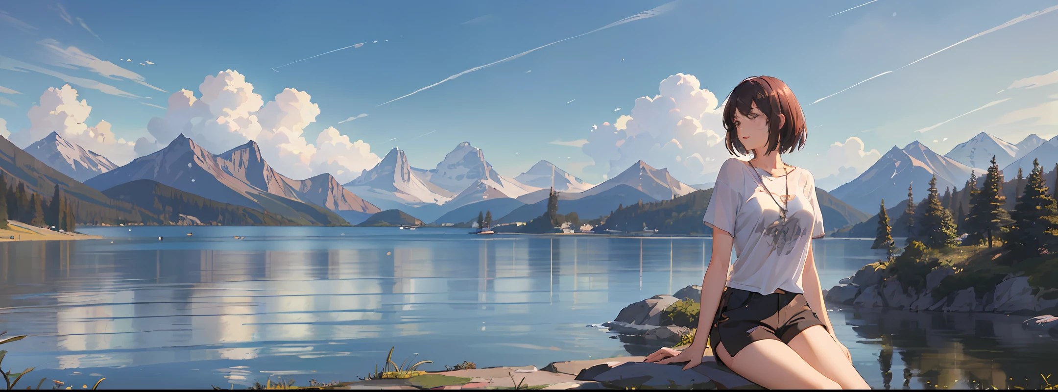 (Best quality, High resolution, Masterpiece :1.3), A pretty woman with slim figure, Breasts, (Dark brown layered haircut), Wearing pendant, T-shirt, White shorts, Outdoor, Great view, Lake and mountains in distant background, Details exquisitely rendered i...