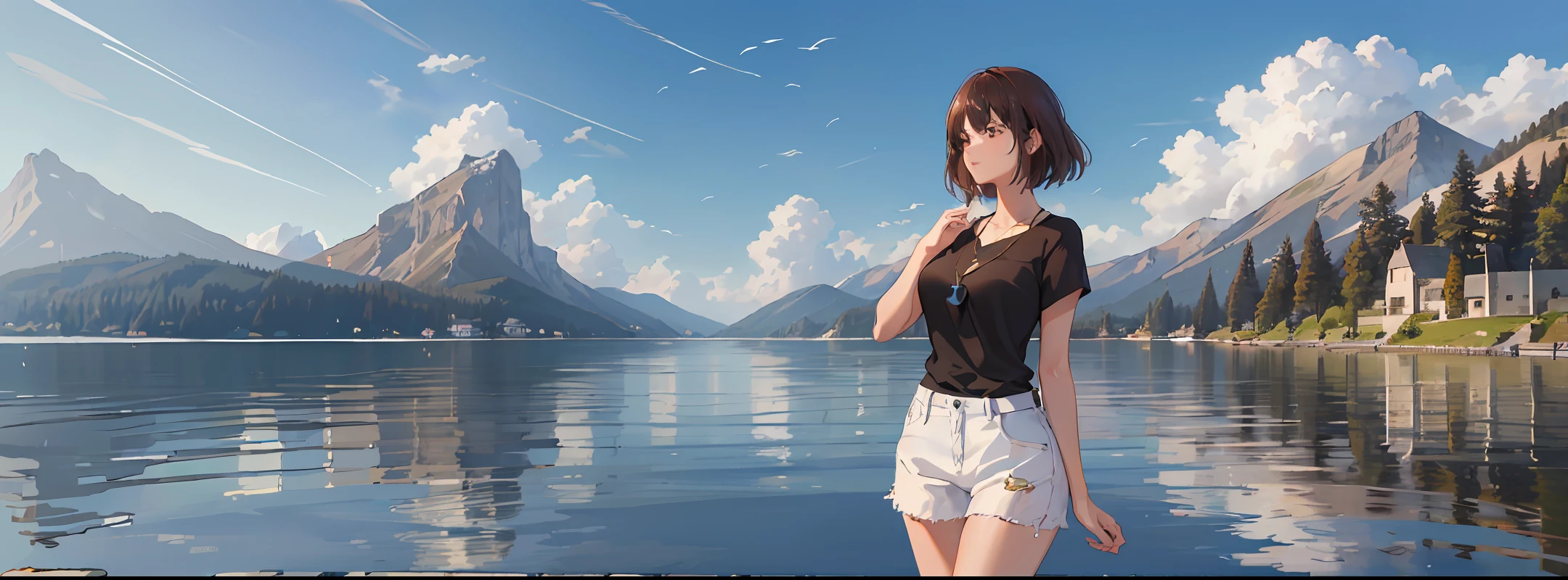 (Best quality, High resolution, Masterpiece :1.3), A pretty woman with slim figure, Breasts, (Dark brown layered haircut), Wearing pendant, T-shirt, White shorts, Outdoor, Great view, Lake and mountains in distant background, Details exquisitely rendered i...