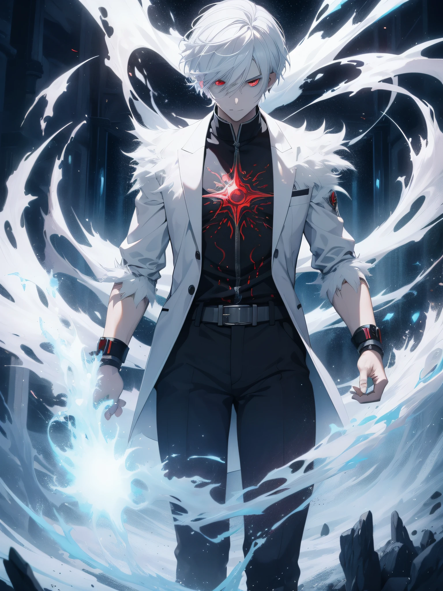 the artificial soul of the white-haired, red-eyed male protagonist emerging from his body, represented as an ethereal energy with swirling patterns, as he confronts the controlling God in a celestial realm