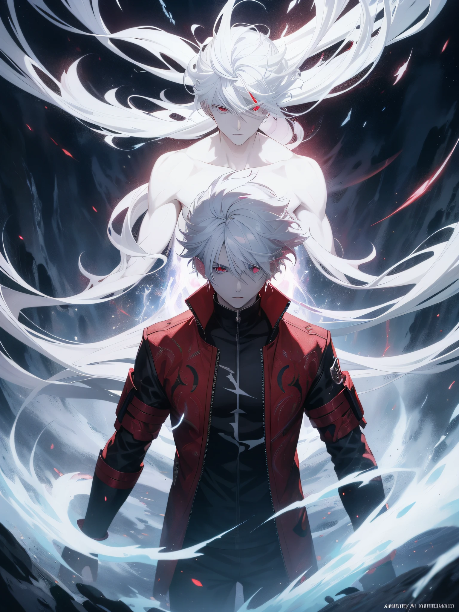 the artificial soul of the white-haired, red-eyed male protagonist emerging from his body, represented as an ethereal energy with swirling patterns, as he confronts the controlling God in a celestial realm