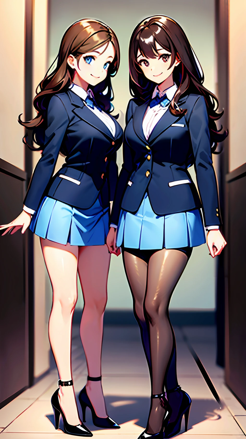 perfect anime illustration, brown hair, wavy hair, hazel eyes, smiling, blue skirt suit, black high heels, businesswoman, highres, full body, 3girls, identical sisters, matching outfits, matching hairstyles, matching faces, group photo