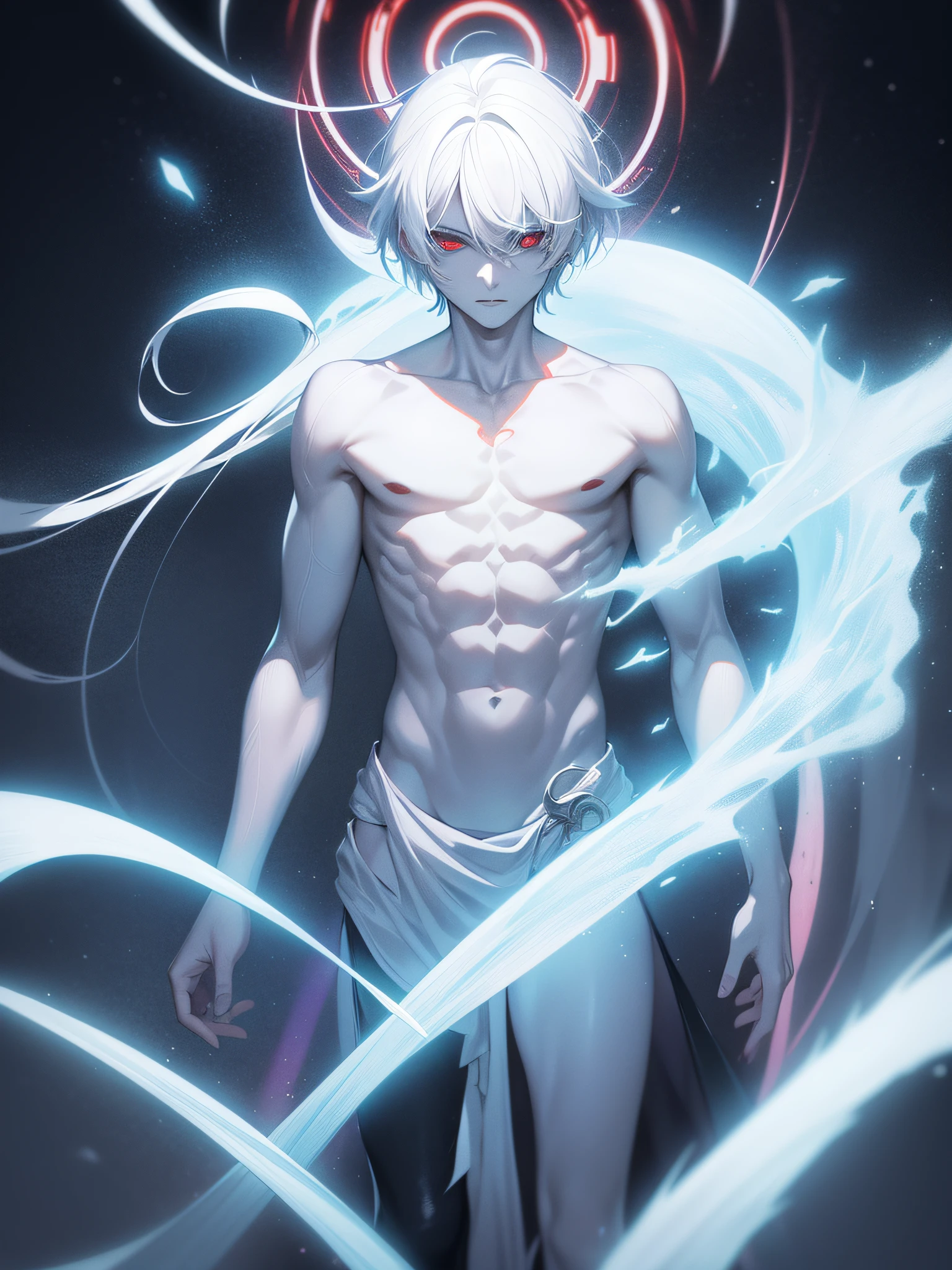 the artificial soul of the white-haired, red-eyed male protagonist emerging from his body, represented as an ethereal energy with swirling patterns, as he confronts the controlling God in a celestial realm