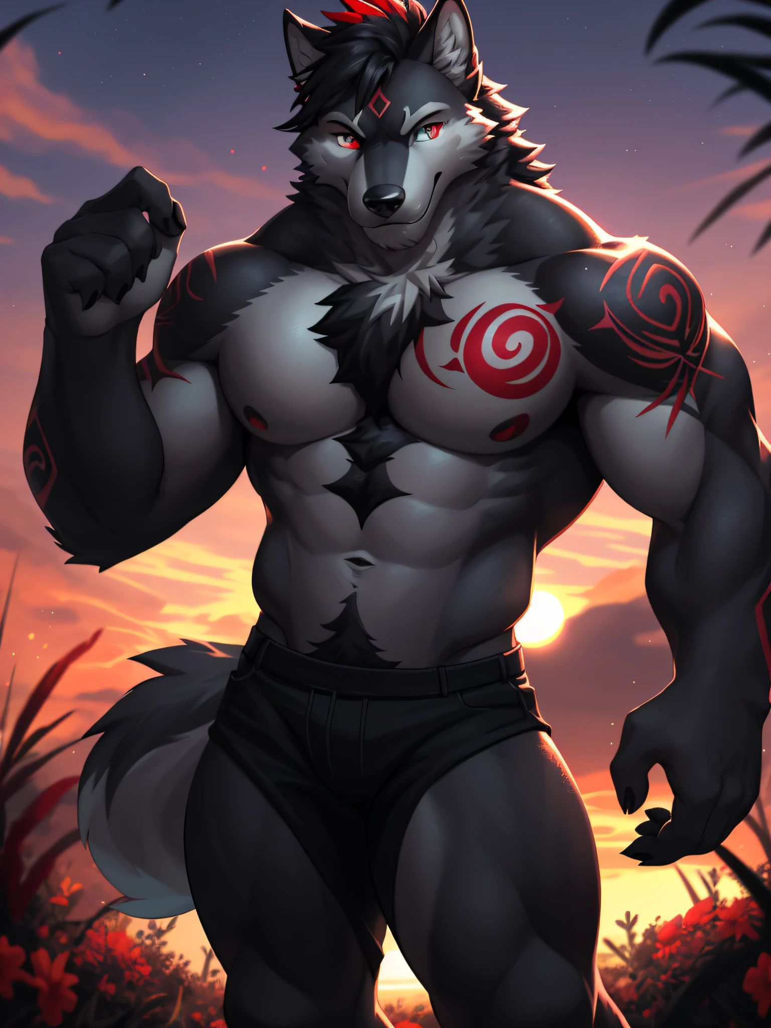 male alpha wolf in garden, black skin, red tattoo, waning moon tattoo on chest, ((heterochromia, blue left eye, red right eye)) dreamy background, kindness, unlimited light, magnificent sunset background, octane render, beautiful features, beautifully detailed eyes, intricate skin, detailed face, perfect skin texture, extreme details, full body vision, cinematic lighting, professional lighting, centered, looking at camera, 8k, shooting with Hasselblad X1D-50, maximum focus, depth of field, perfect lighting, light particles, (best quality), (masterpiece), (ultra detailed), sharp focus, light particles