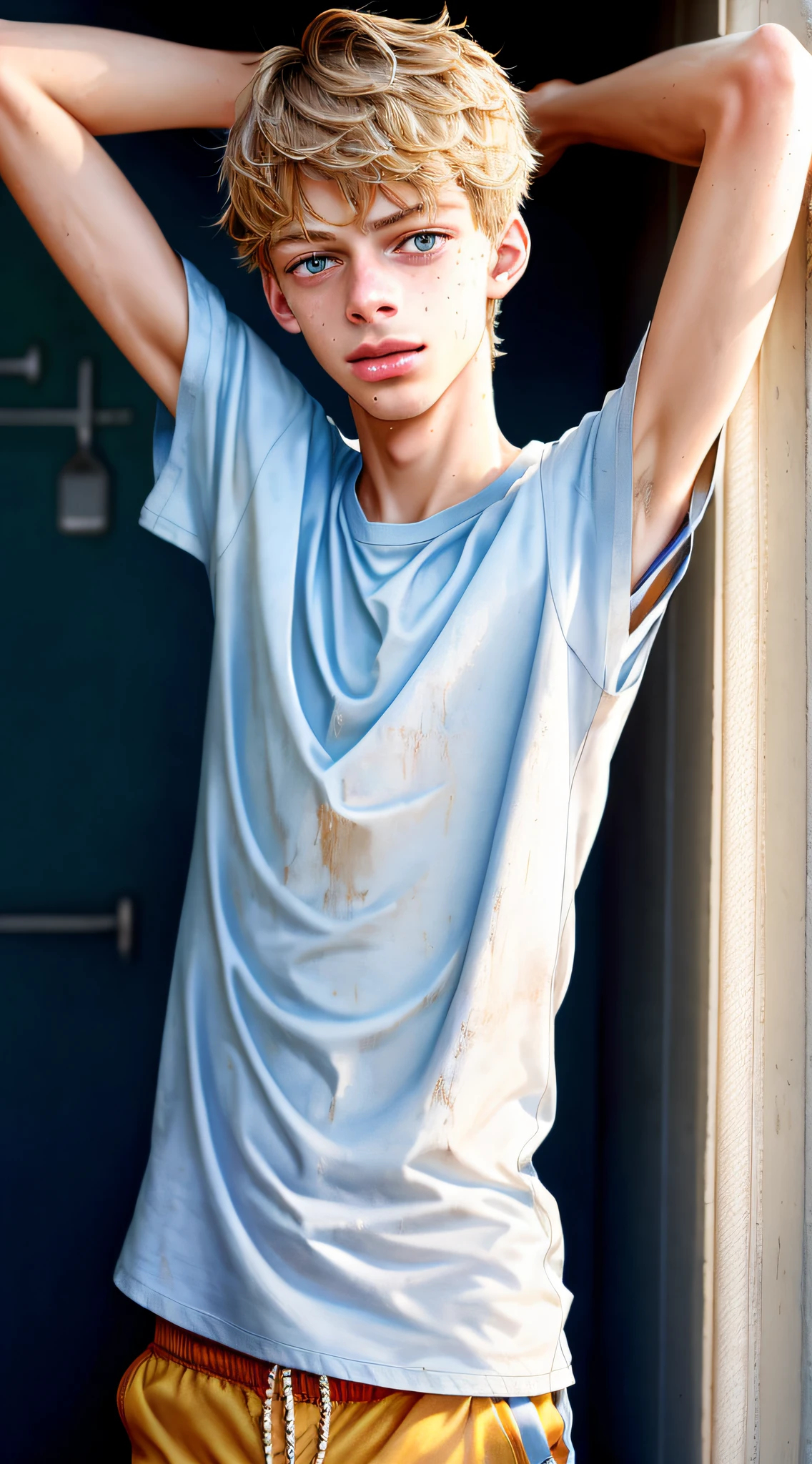 jace norman, sweaty school teen boy, far from camera, shot from below, lower angle shot, confident boy, some lip hair, wispy lip hair, (full body), braces, age 17, wavy tiktok hair, bare feet, wearing long t-shirt with dropped armhole, hands behind head, short fine armpit hair, flexing, veiny arms, cute, tall, arms behind head, short wispy armpit hair showing, lean, not muscular, wispy pubes, teen boy masterpiece, high resolution, feet visible, no shoes, very dirty feet, skinny, tall, tall boy, teen boy, braces, tall boy, tall cute boy