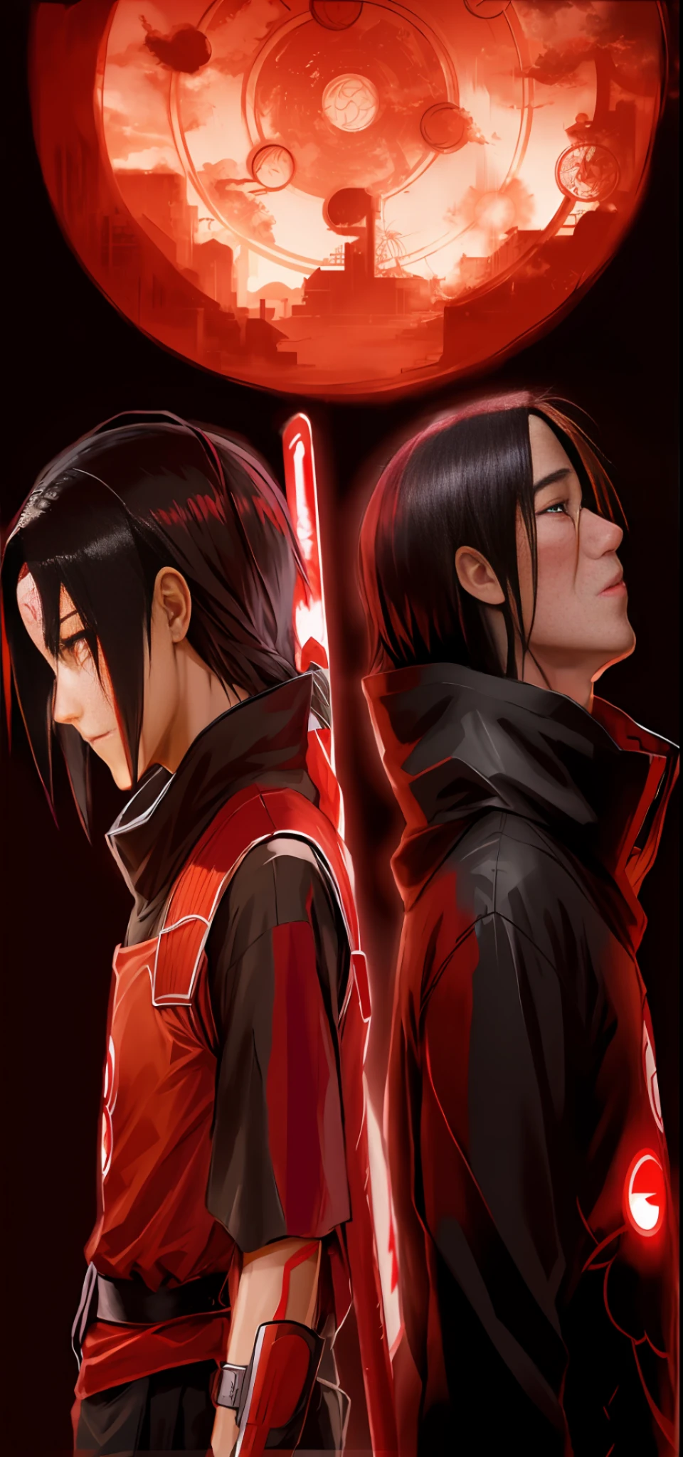 anime characters with a red background and a red circle, itachi uchiha, itachi, itatchi uchiha, naruto style, anime style", sasuke uchiha, fan art, by Shingei, akatsuki akira, anime", scissor style, Japanese anime style, manga", scene!!, fanart "stained", inspired by Chen Jiru, intricate details, ultra realistic, 4k
