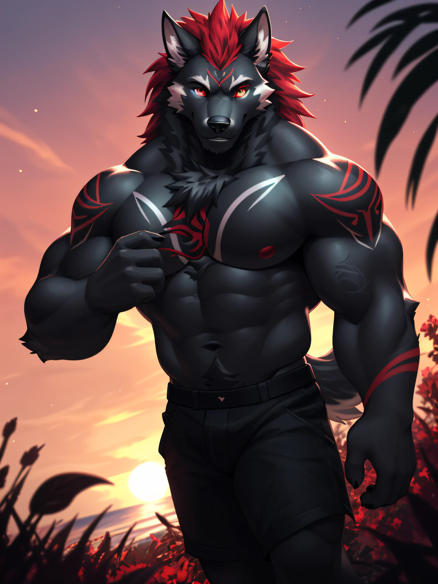 male alpha wolf in garden, black skin, red tattoo, waning moon tattoo on chest, ((heterochromia, blue left eye, red right eye)) dreamy background, kindness, unlimited light, magnificent sunset background, octane render, beautiful features, beautifully detailed eyes, intricate skin, detailed face, perfect skin texture, extreme details, full body vision, cinematic lighting,  professional lighting, centered, looking at camera, 8k, shooting with Hasselblad X1D-50, maximum focus, depth of field, perfect lighting, light particles, (best quality), (masterpiece), (ultra detailed), sharp focus, light particles