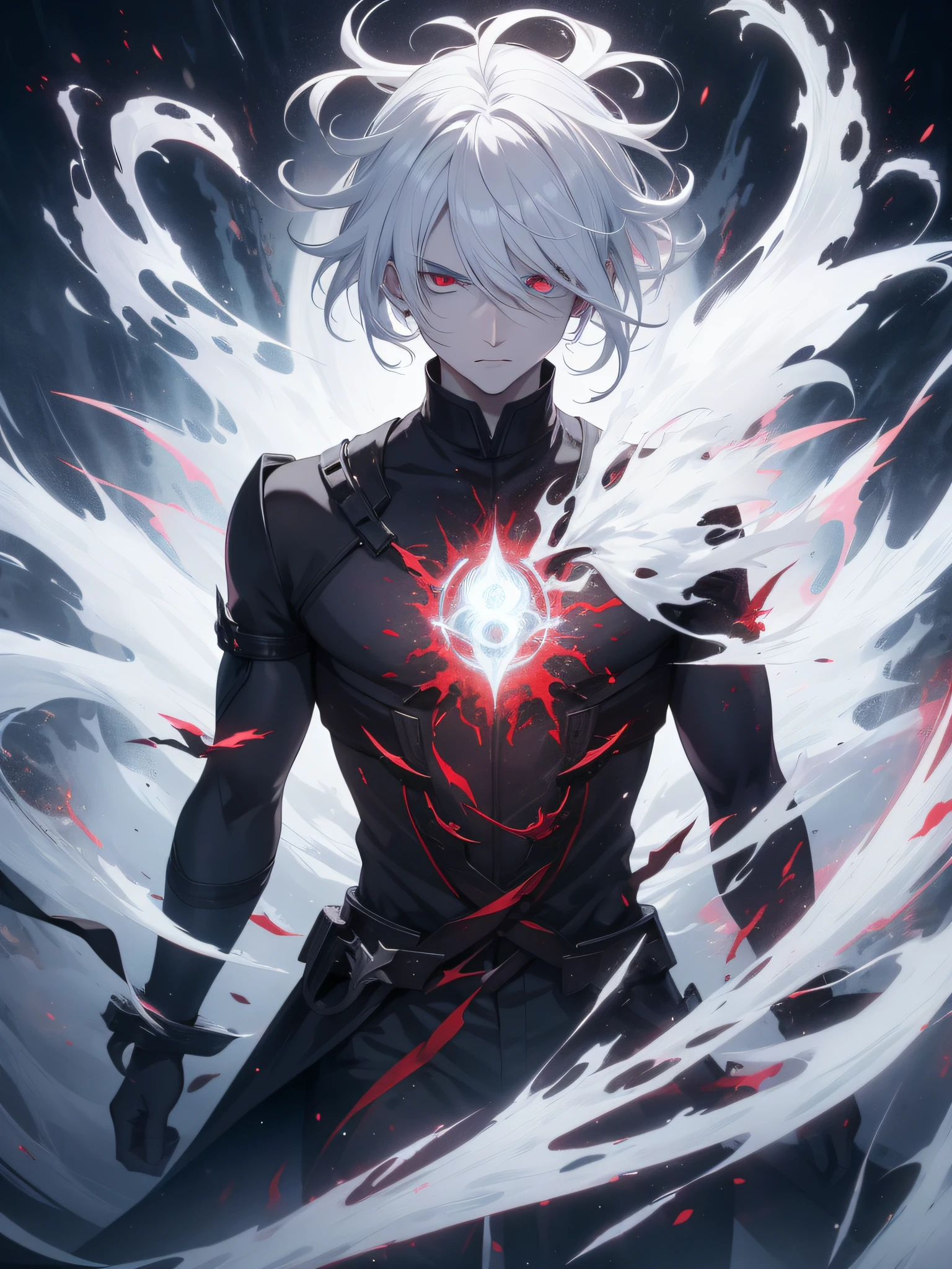 the artificial soul of the white-haired, red-eyed male protagonist emerging from his body, represented as an ethereal energy with swirling patterns, as he confronts the controlling God in a celestial realm