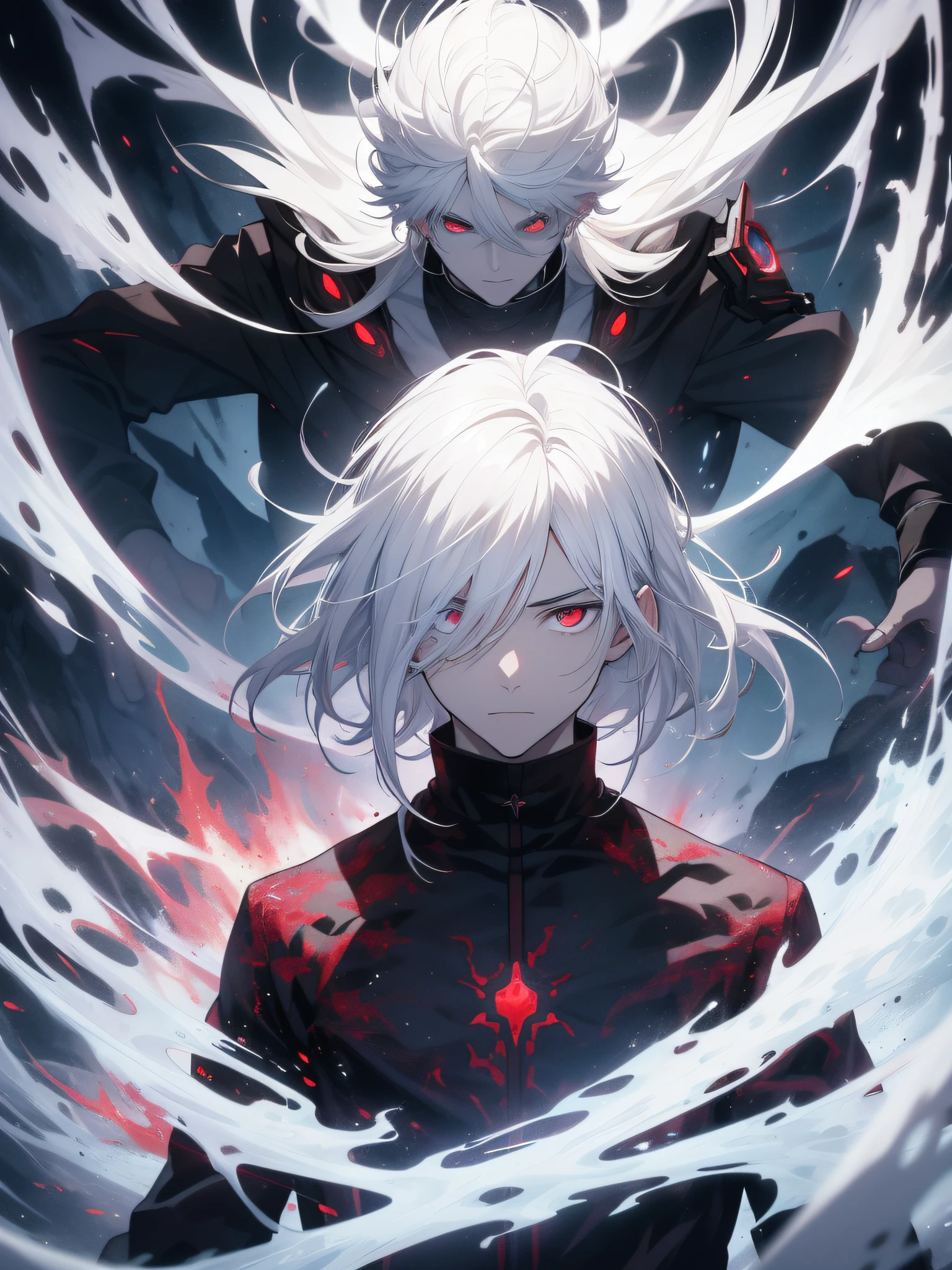 the artificial soul of the white-haired, red-eyed male protagonist emerging from his body, represented as an ethereal energy with swirling patterns, as he confronts the controlling God in a celestial realm