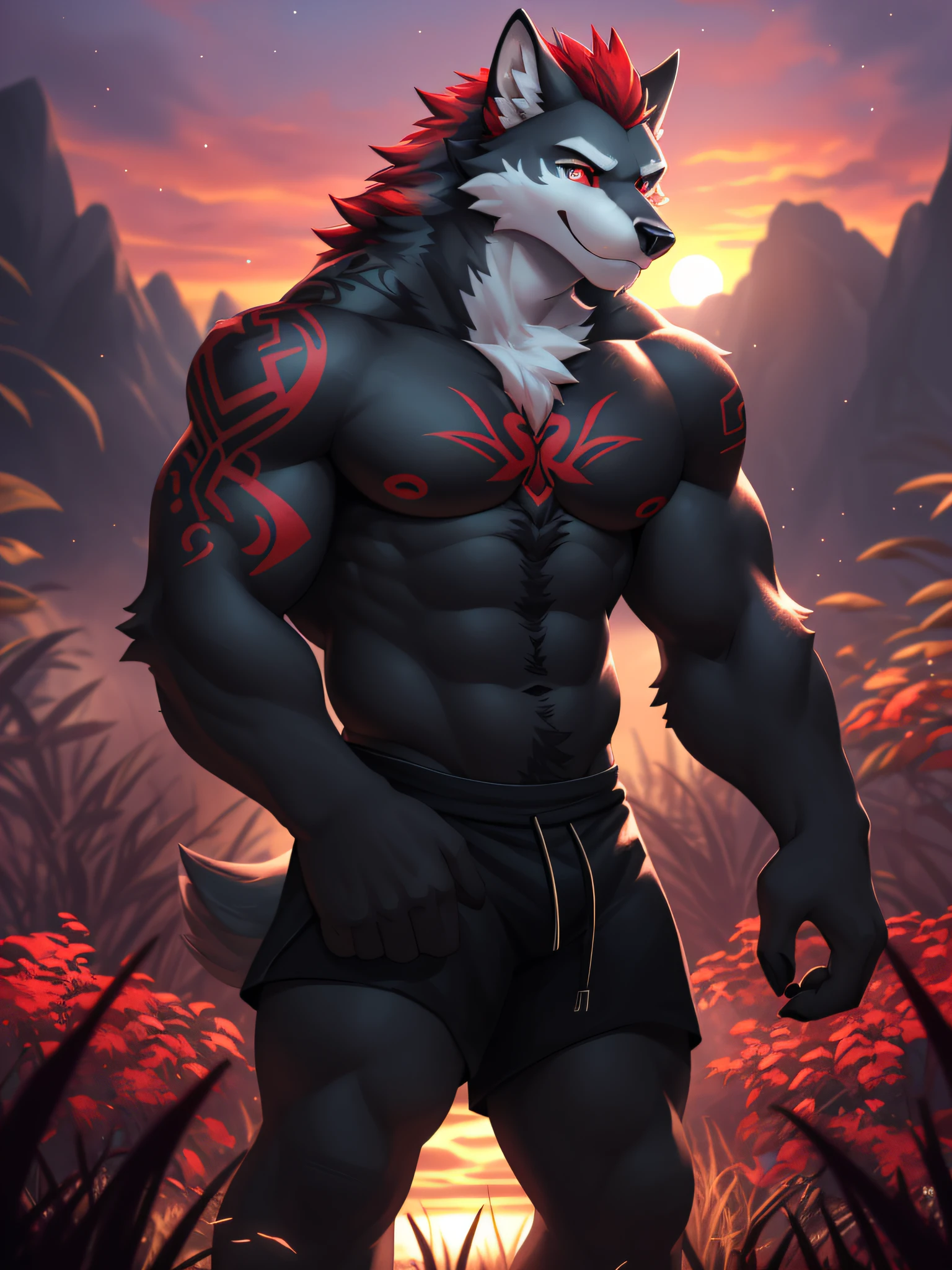 male alpha wolf in garden, black skin, red tattoo, waning moon tattoo on chest, ((heterochromia, blue left eye, red right eye)) dreamy background, kindness, unlimited light, magnificent sunset background, octane render, beautiful features, beautifully detailed eyes, intricate skin, detailed face, perfect skin texture, extreme details, full body vision, cinematic lighting,  professional lighting, centered, looking at camera, 8k, shooting with Hasselblad X1D-50, maximum focus, depth of field, perfect lighting, light particles, (best quality), (masterpiece), (ultra detailed), sharp focus, light particles