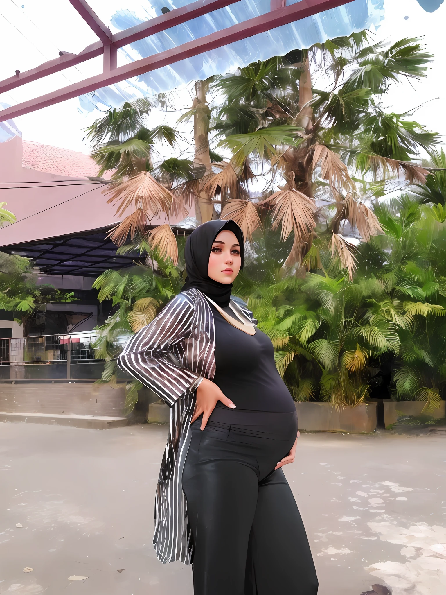 ((Big breast : 1.4)), silk hijab, shinny clothes, silk clothes, wet look, shinny pants, shinny clothes, silk pants, silk clothes