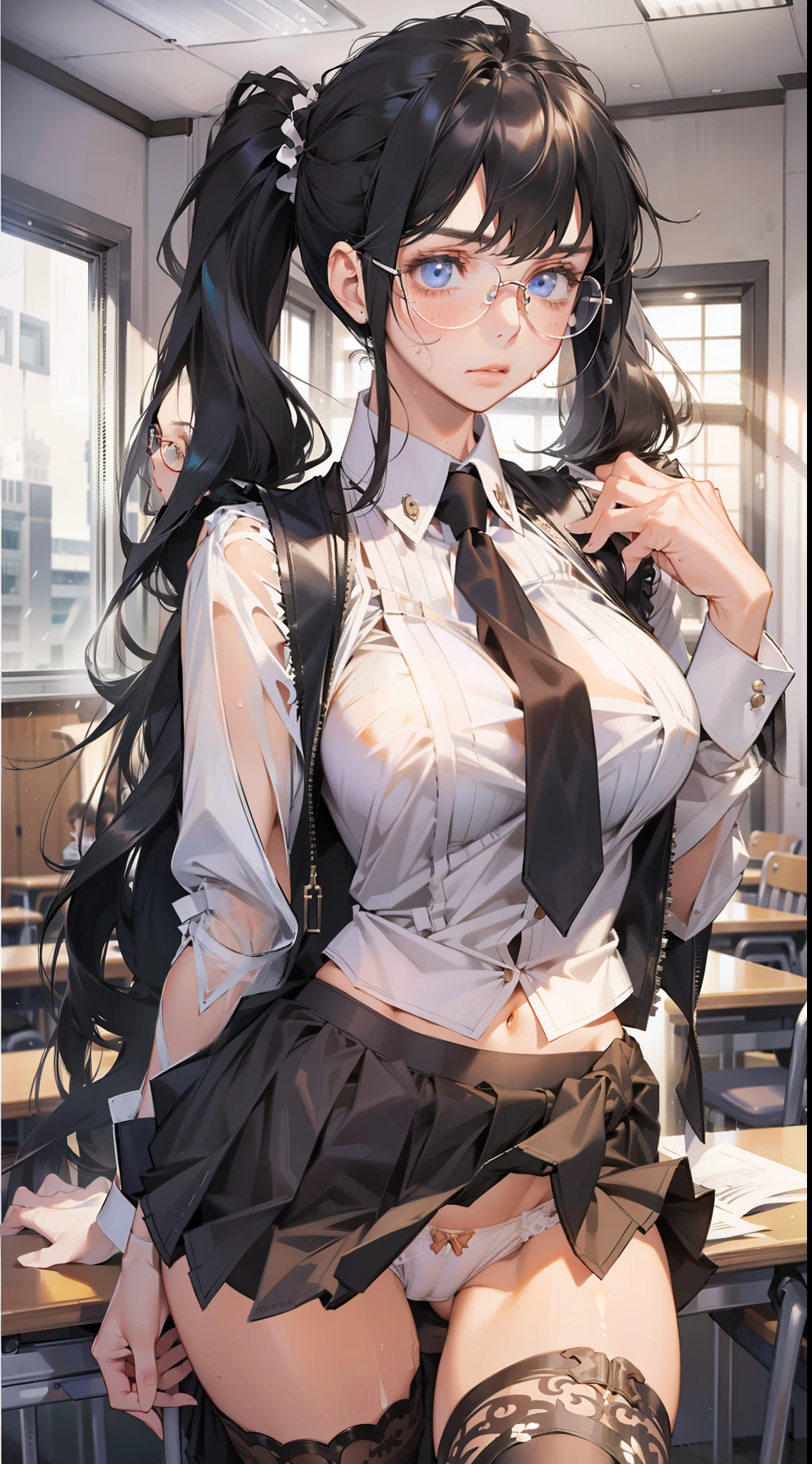 masterpiece, best quality, realistic, photorealistic, great lighting, ultra-detailed, dynamic angle, perfect face, (bright lighting:1.2),beautiful detailed eyes, extremely detailed face, perfect lighting,
1girl, black twintail hair, glasses, clothes about to come off,
high school uniform, pleated skirt, stockings, pumps shoes,
M leg, lift up one's skirt, classroom,
sweaty, wet body, navel out, thighs out, buttocks, large breast, slim, slender, translucent body, Transparent, Embarrassed expression, blush, ((White panties, cameltoe)),
