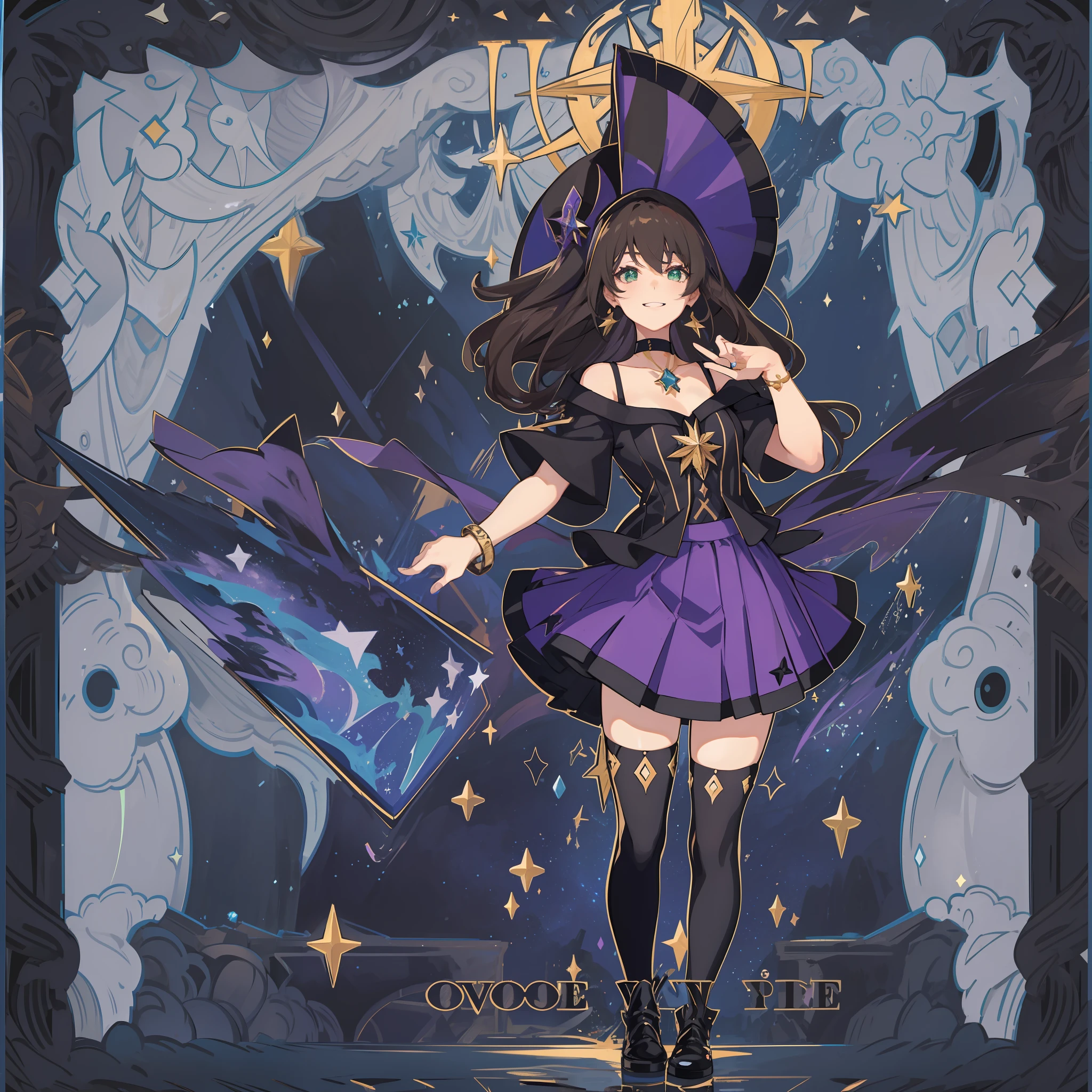 1girl, solo, 1girl, Lisa \(Genshin Impact\), choker, hair between eyes, star \(symbol\), hat, smile, smirk, sly smile, sexuality, wavy hair, purple skirt, brown hair, looking at the viewer, green eyes, shining eyes, earrings, jewelry, black and purple dress, black shirt, black stockings, witch, bangs, black shoes, landscape, night sky, star \(sky\), moon, starry sky, night, outdoor, clouds,  reflection, water, magic, tarot