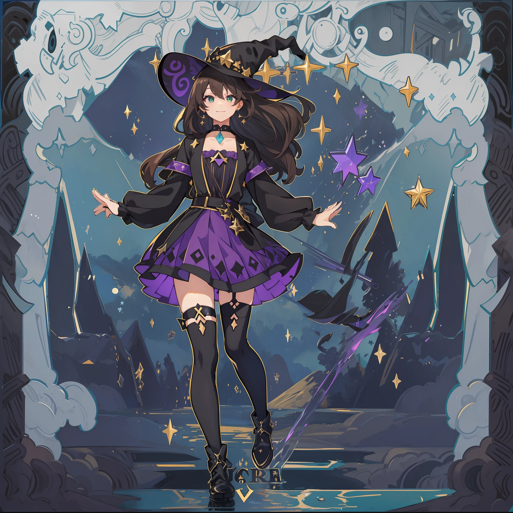 1girl, solo, 1girl, Lisa \(Genshin Impact\), choker, hair between eyes, star \(symbol\), hat, smile, smirk, sly smile, sexuality, wavy hair, purple skirt, brown hair, looking at the viewer, green eyes, shining eyes, earrings, jewelry, black and purple dress, black shirt, black stockings, witch, bangs, black shoes, landscape, night sky, star \(sky\), moon, starry sky, night, outdoor, clouds, reflection, water, magic, tarot