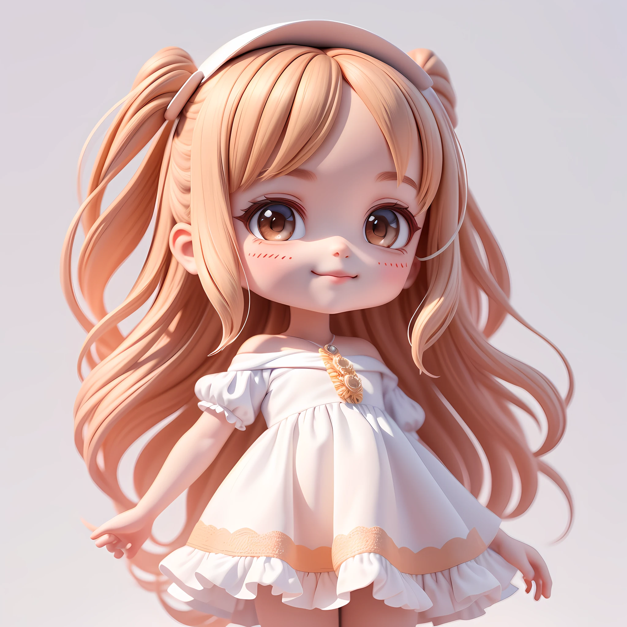 (Masterpiece), (Best Quality), (Ultra Detailed), (Full Body: 1.2), Chibi, Cute, Morning Light, White Background, Holding Ice Cream Cone, Front View, Bokeh, Supersaturated, Color Contrast: 1.1, Surreal, Digital Art, Art Station, 1 Girl, Smile, Long Wavey Hair, Brown Eyes, White Dress with Ruffles, Off-the-Shoulder, Blush, (Beautiful Detailed Face)