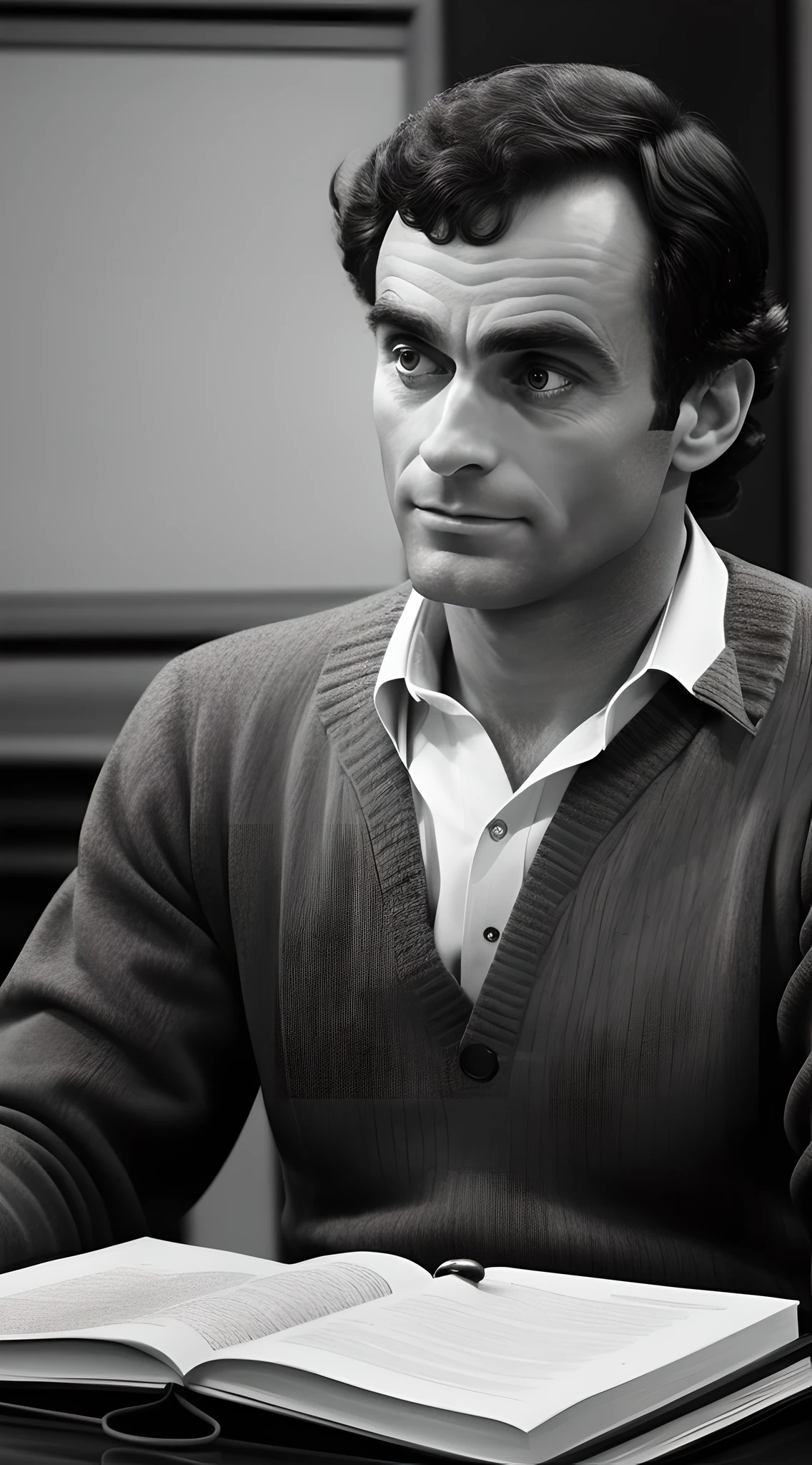 "Create a realistic image of Ted Bundy at a suicide hotline during his college days, emphasizing a distressed caller on the other end."