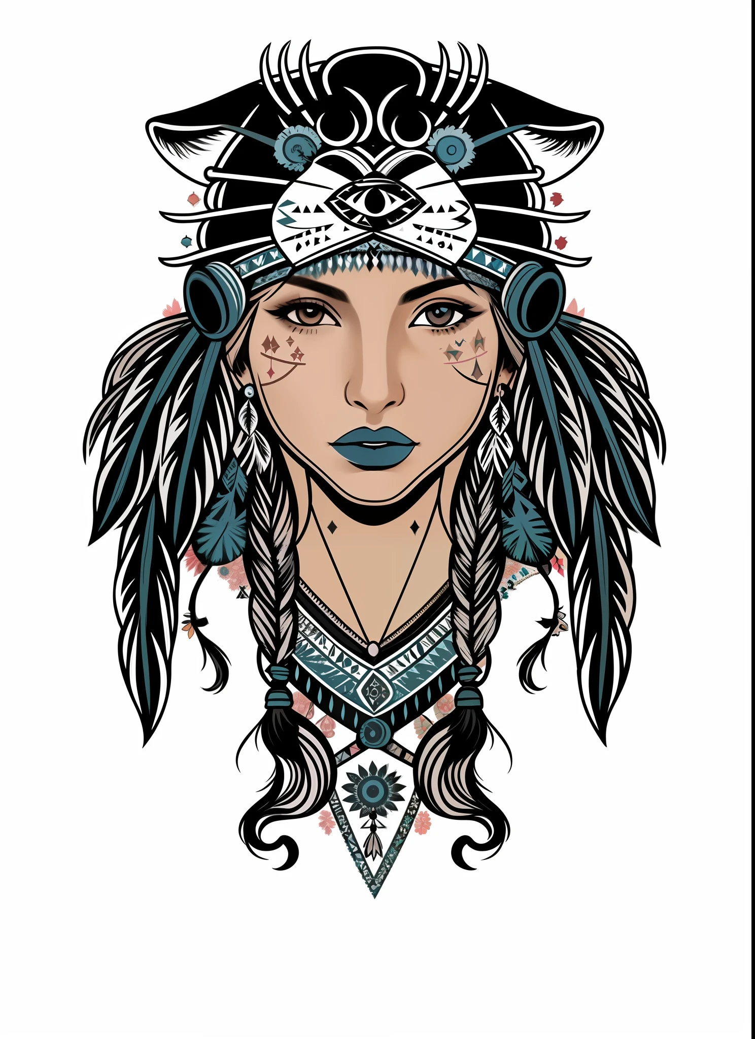 a woman with a horned headdress and feathers on her head, native american, tribal style, tribal clothing, warrior woman, centered headdress, north female warrior, indian, native art, indian warrior, native american art, native american warrior, north adult female warrior, a young female shaman, indigenous, : native american shamen fantasy, wholesome techno - shaman lady