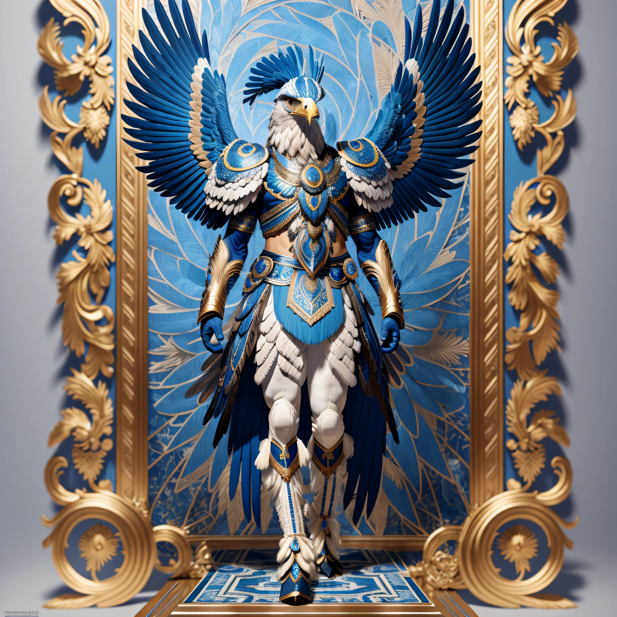 eagle humanoid with blue and white plumes very intricate, full body, very strong, intricate, very detailed, highest definition, 8k, Trending on Artstation, masterpiece, photorealism, hyper realistic, very intricate, sharp focus, --S100 --auto --s2