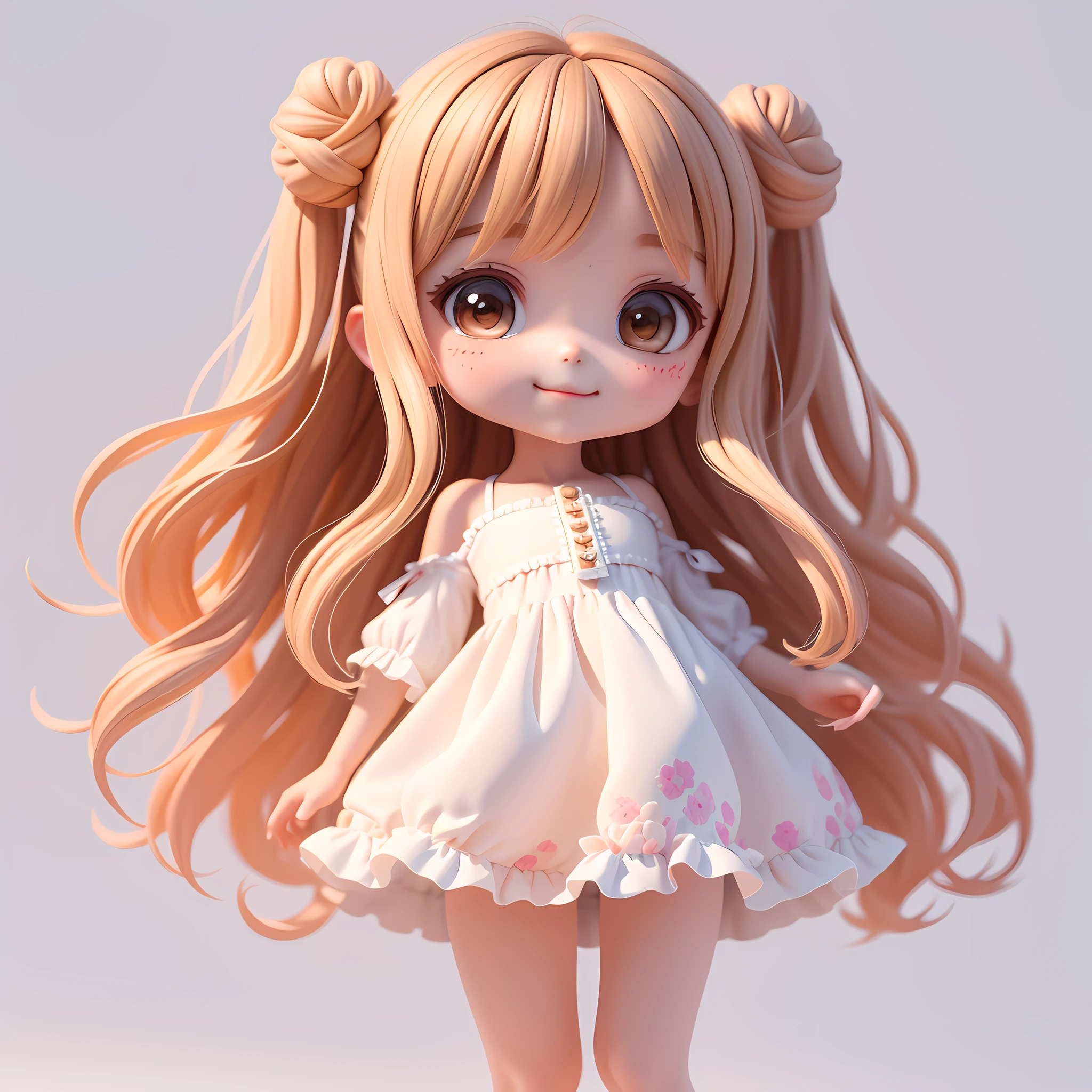 (Masterpiece), (Best Quality), (Ultra Detailed), (Full Body: 1.2), Chibi, Cute, Morning Light, White Background, Holding Ice Cream Cone, Front View, Bokeh, Supersaturated, Color Contrast: 1.1, Surreal, Digital Art, Art Station, 1 Girl, Smile, Brown Wavy Long Hair, Brown Eyes, White Dress with Ruffles, Off-the-Shoulders, Blush, (Beautiful Detailed Face)