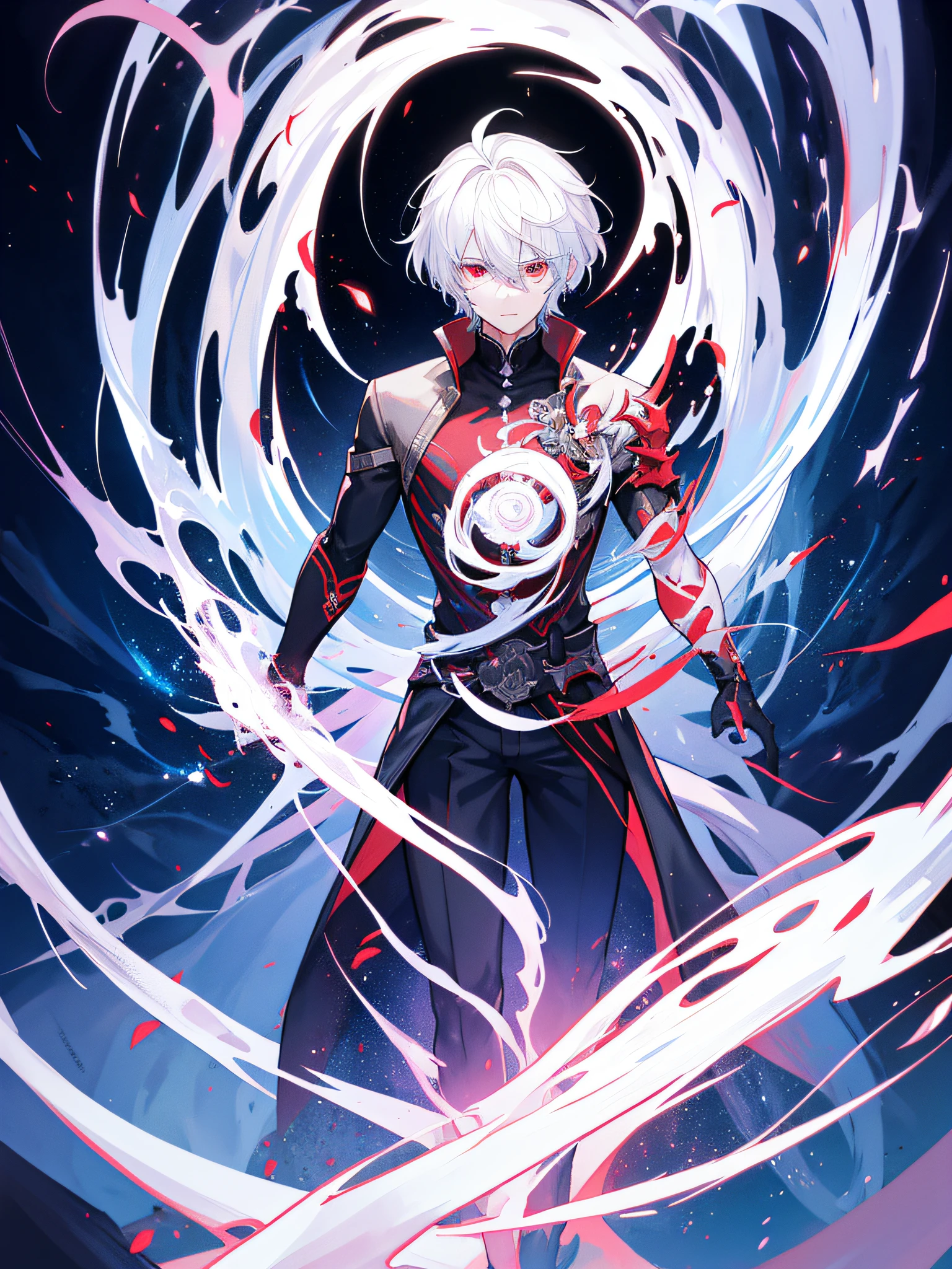 the artificial soul of the white-haired, red-eyed male protagonist emerging from his body, represented as an ethereal energy with swirling patterns, as he confronts the controlling God in a celestial realm