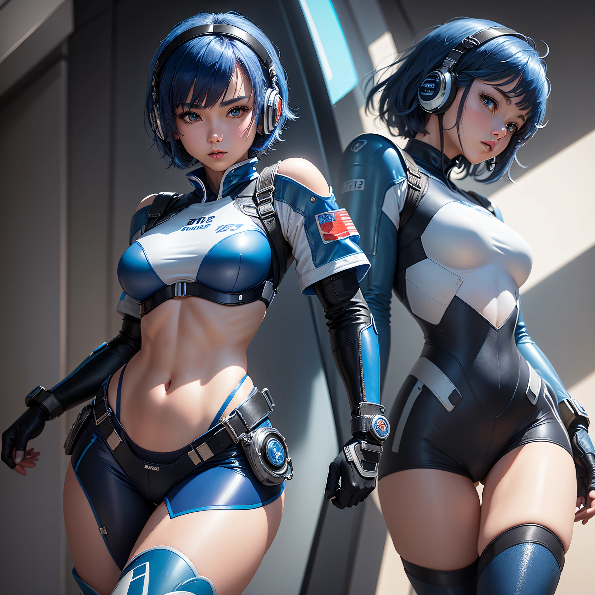 (masterpiece, highest quality, highest resolution, distinct_image, detailed details): (Solo, lone girl, Japan face, blue-haired girl, short hair, full body figure, small size breasts, sparkling blue colored eyes, pilot suit in metallic tone white and blue, black color, tight fit clothes, clothes covering the whole body, beauty, slim body, exoskeleton, knee boots, heroine, supine, Thighs open from side to side, arm-length gloves, headset)