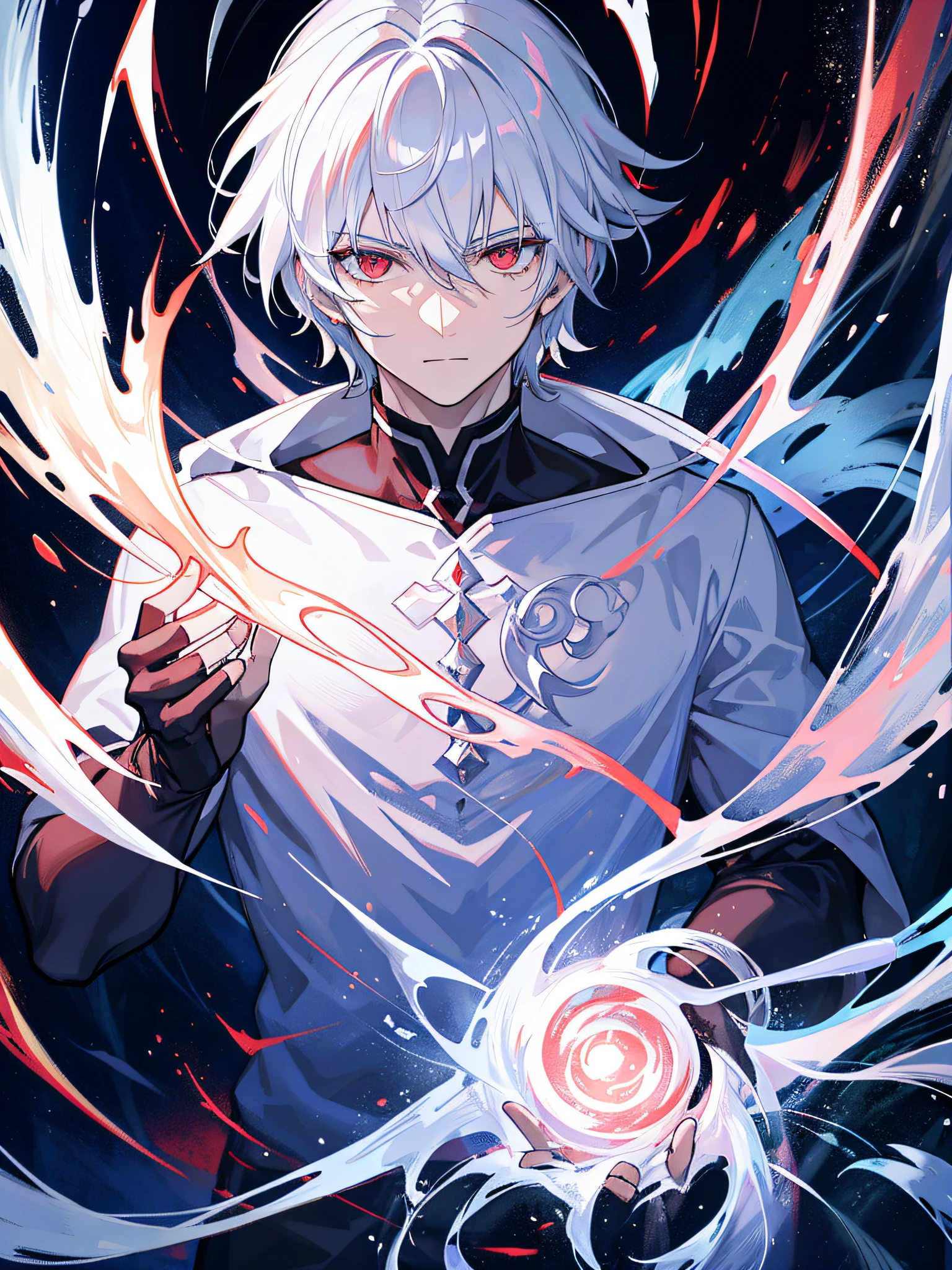 the artificial soul of the white-haired, red-eyed male protagonist emerging from his body, represented as an ethereal energy with swirling patterns, as he confronts the controlling God in a celestial realm