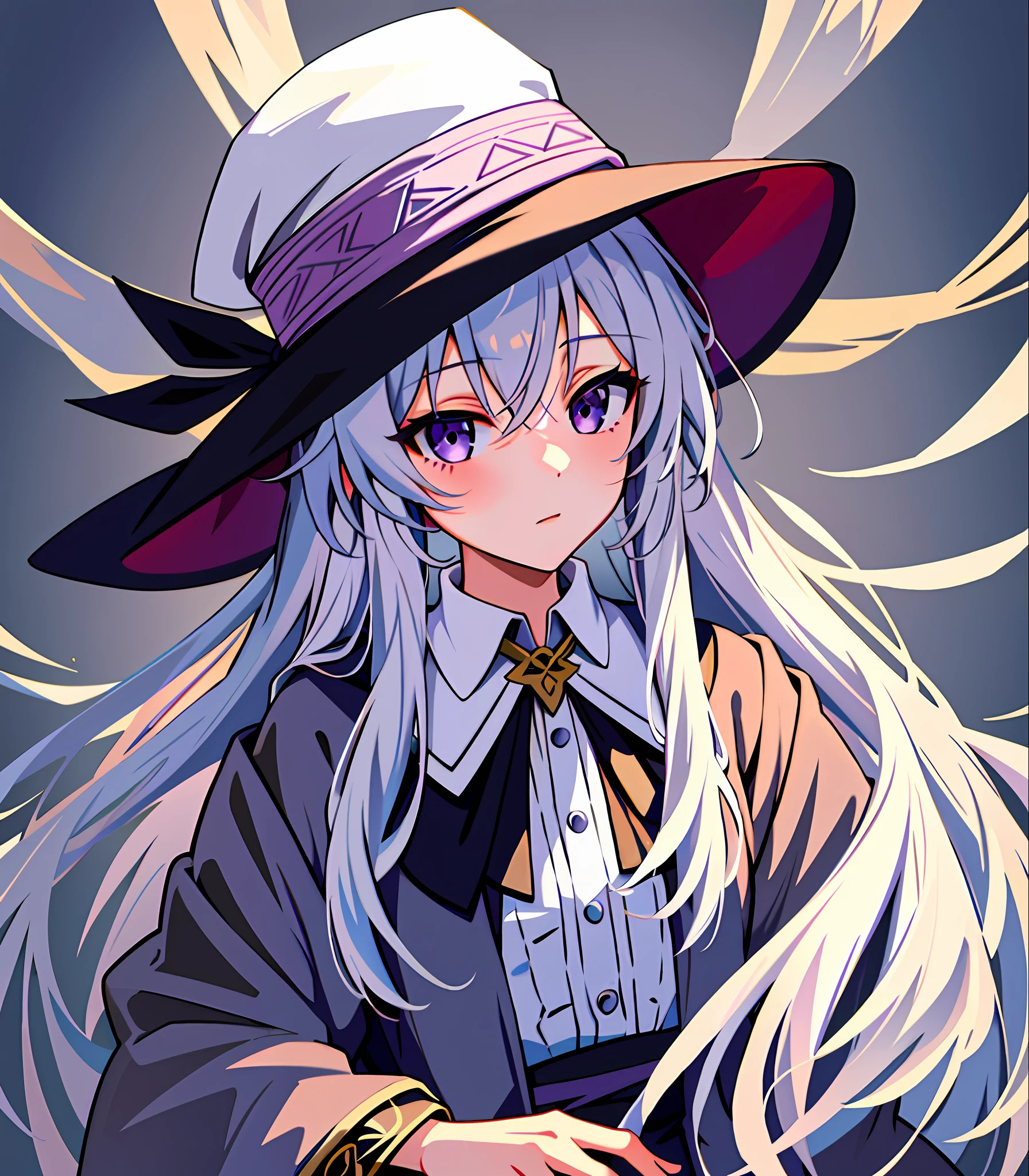 masterpiece, best quality, 1girl, elaina_(majo_no_tabitabi), silver hair, purple eyes, long hair, hat