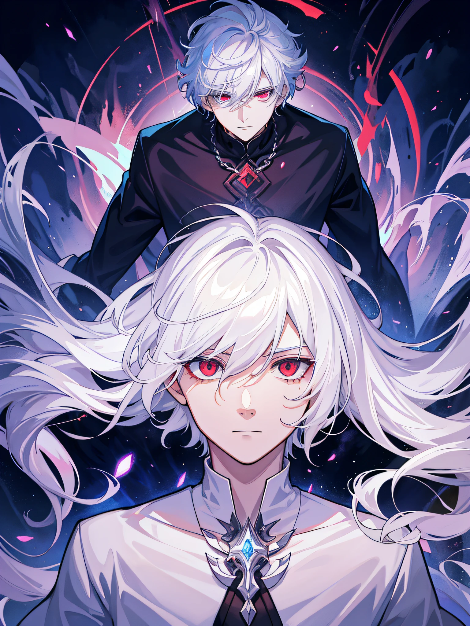 the artificial soul of the white-haired, red-eyed male protagonist emerging from his body, represented as an ethereal energy with swirling patterns, as he confronts the controlling God in a celestial realm